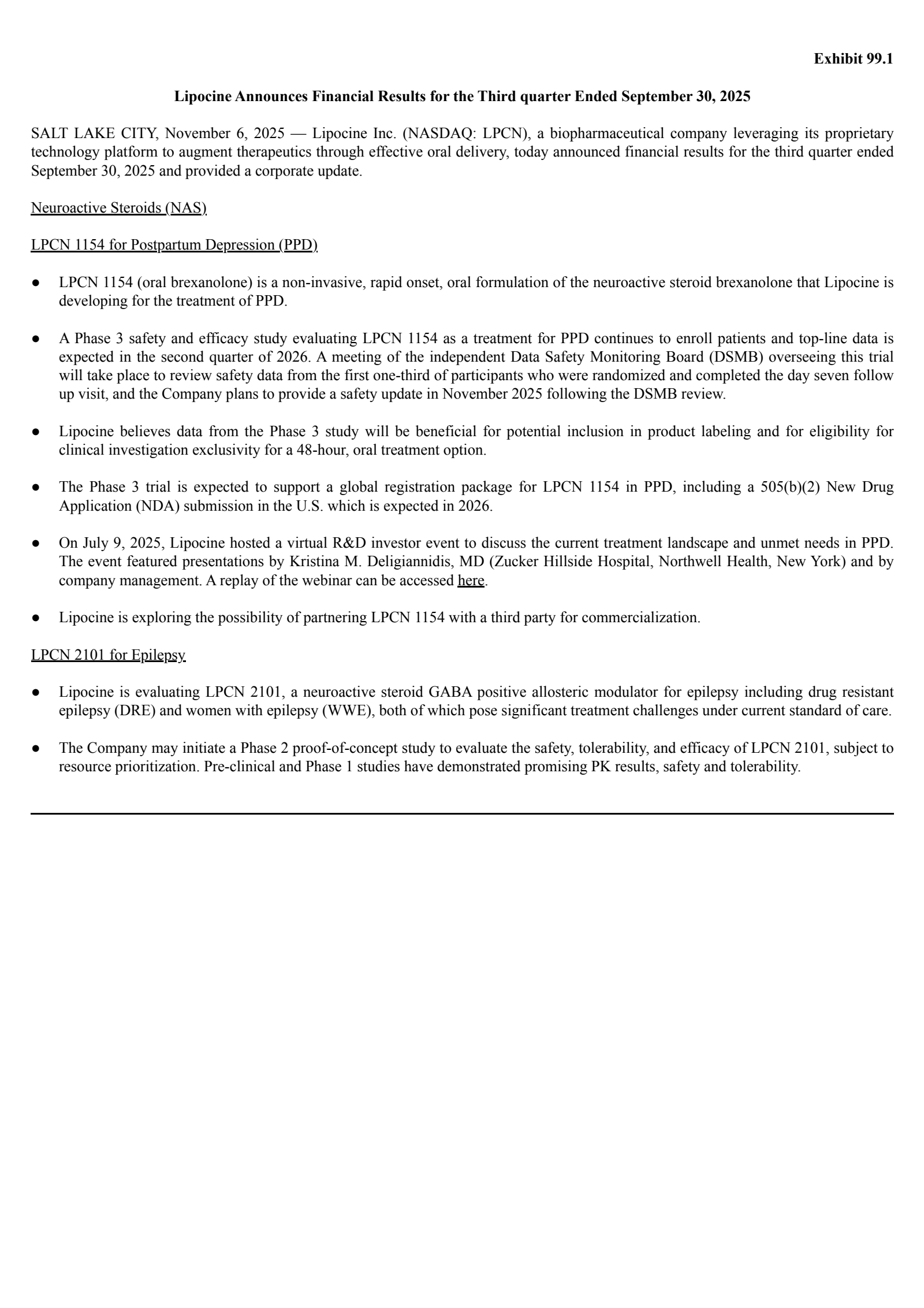 Lipocine's Q3 2025 Earnings Release