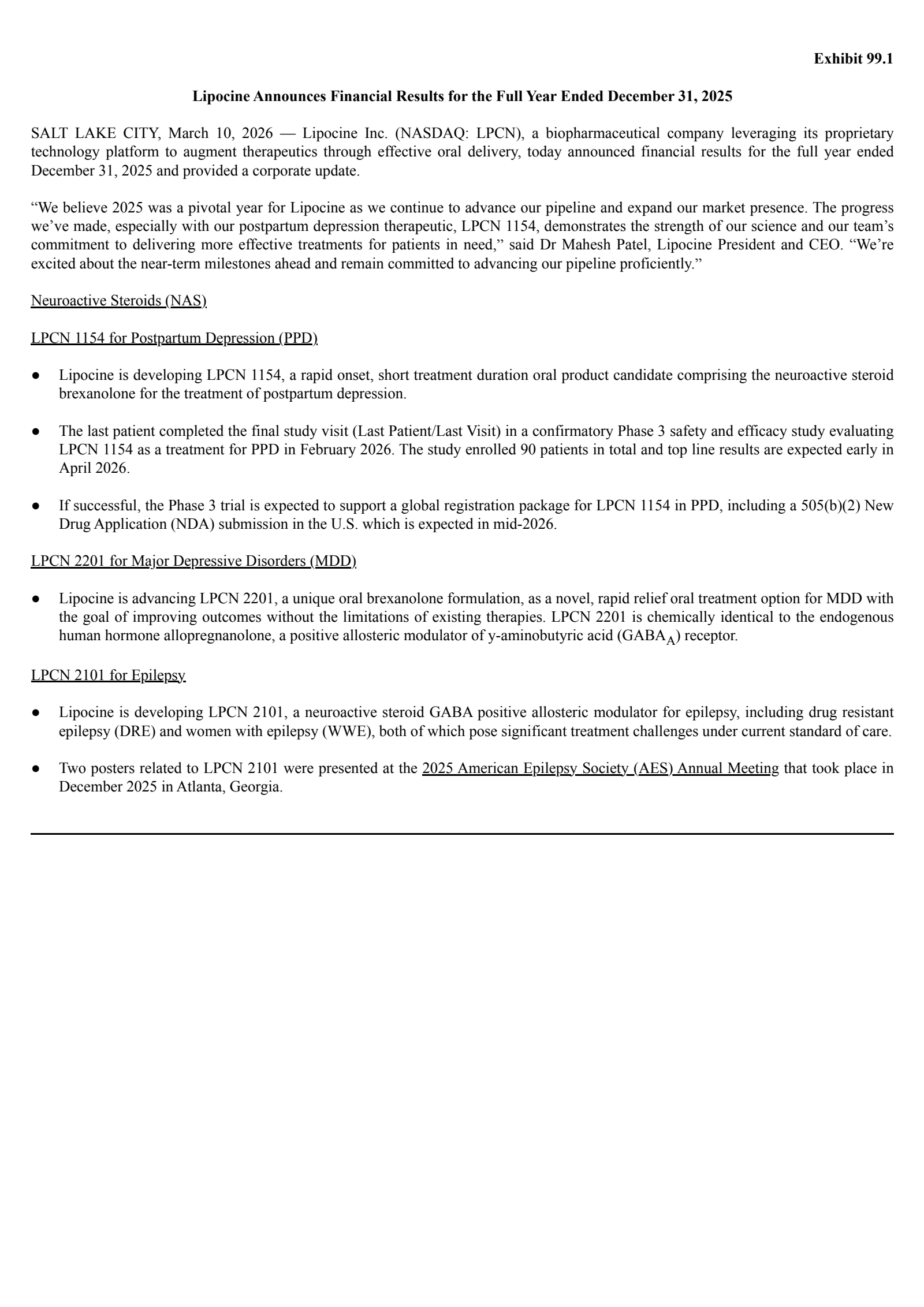Lipocine's Q4 2025 Press Release