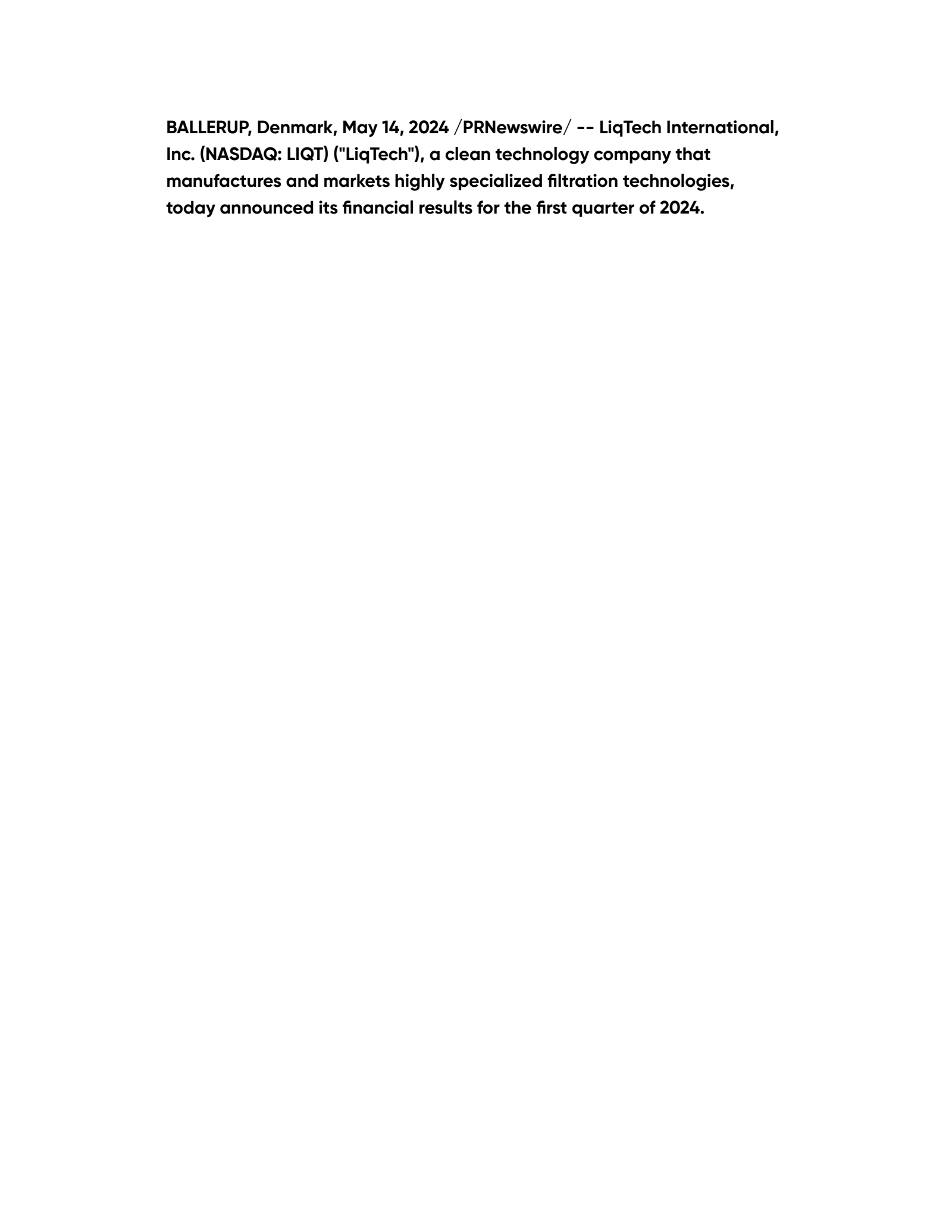 LiqTech International's Q1 2024 Press Release