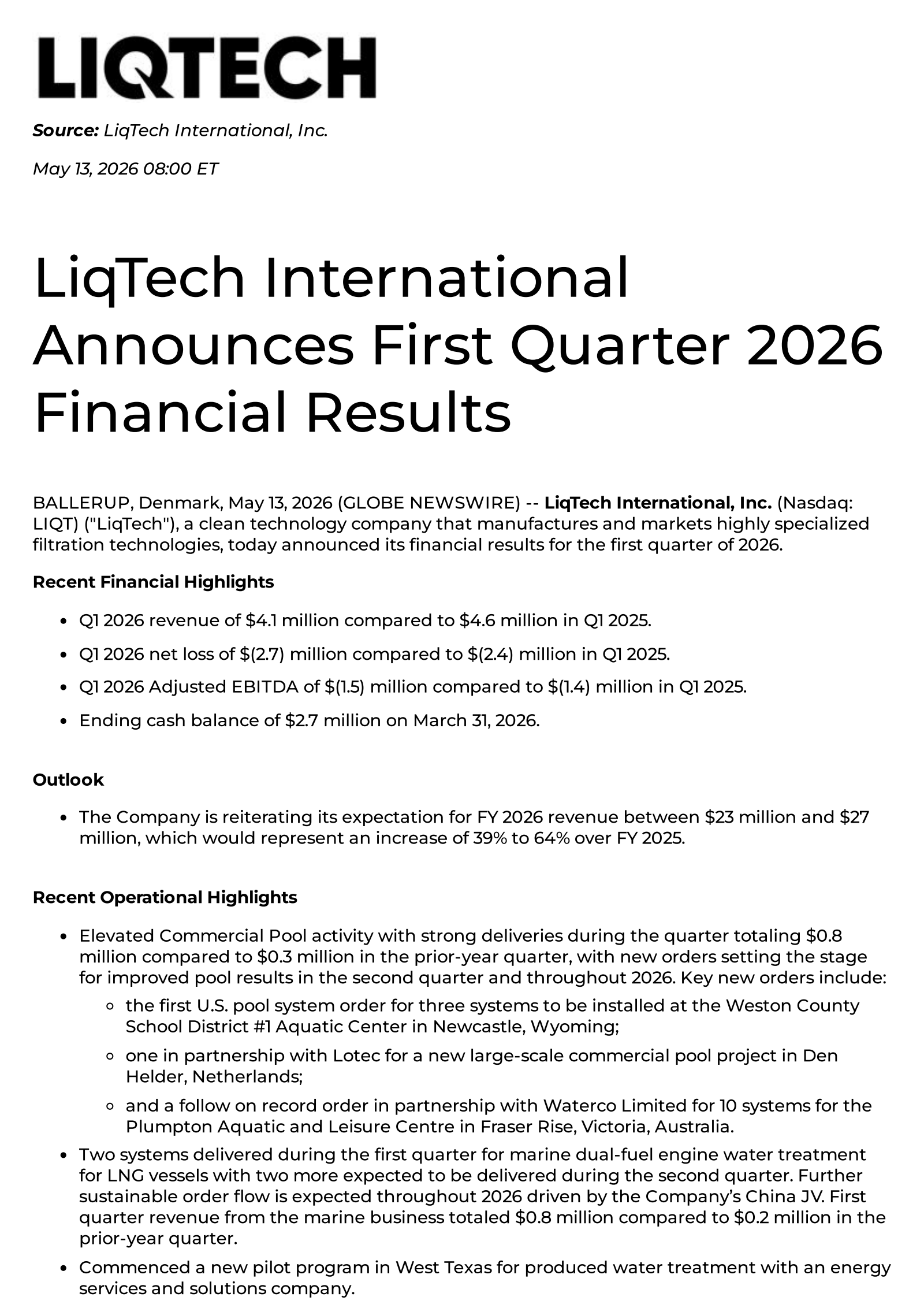 LiqTech International's Q1 2026 Press Release