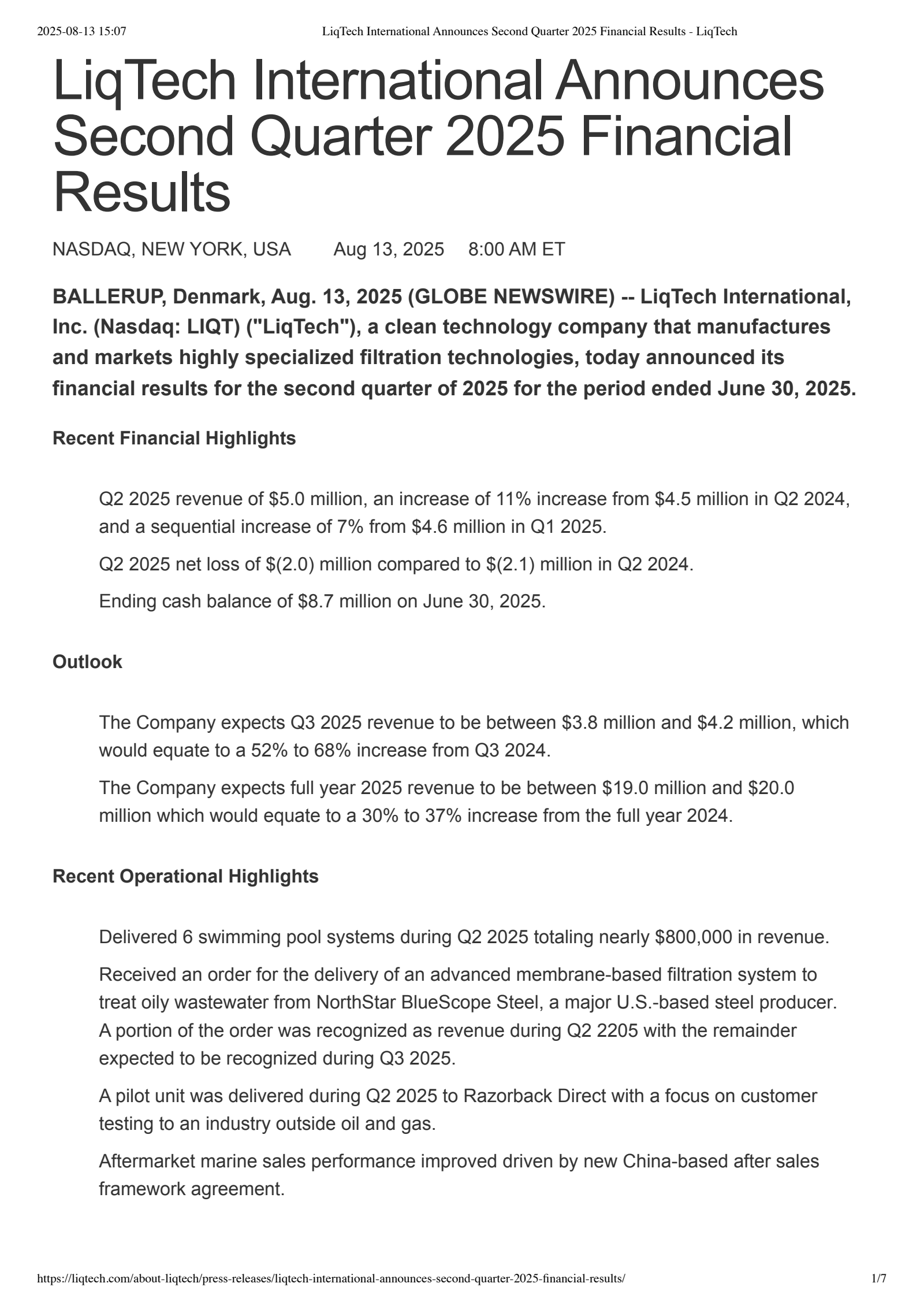 LiqTech International's Q2 2025 Press Release