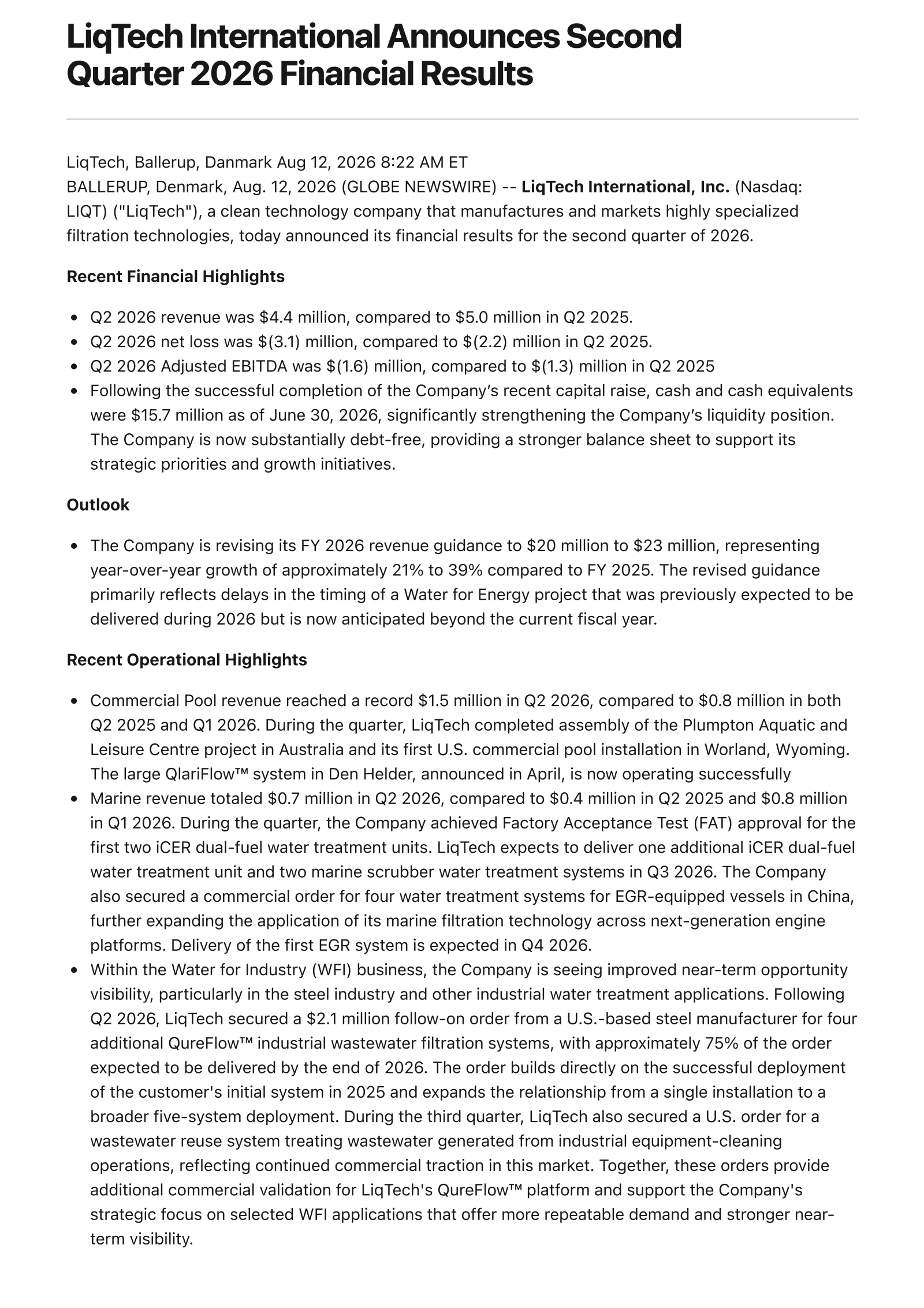 LiqTech International's Q2 2026 Press Release