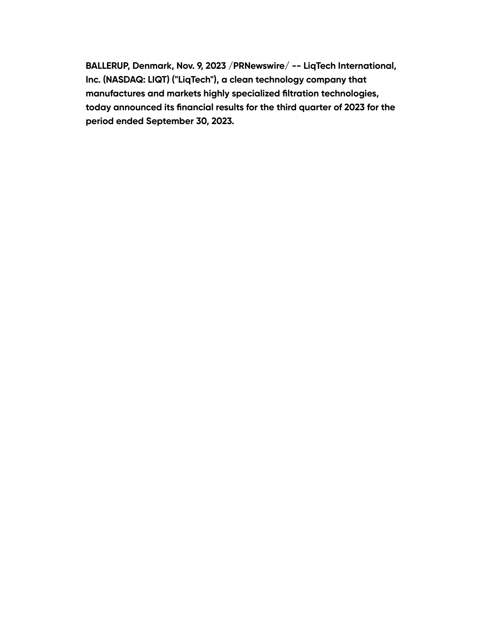 LiqTech International's Q3 2023 Earnings Release