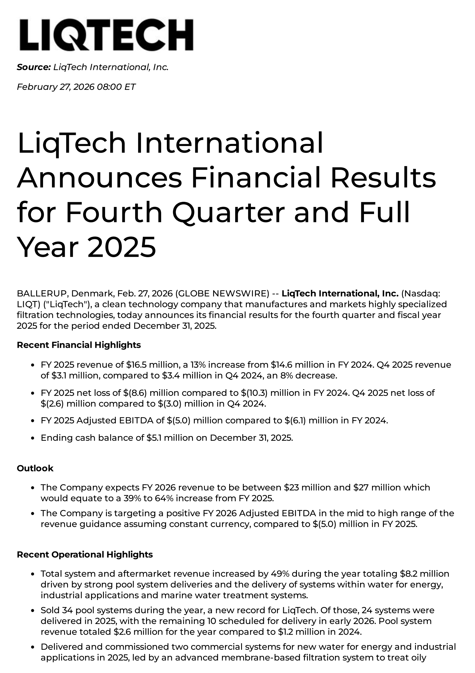 LiqTech International's Q4 2025 Press Release