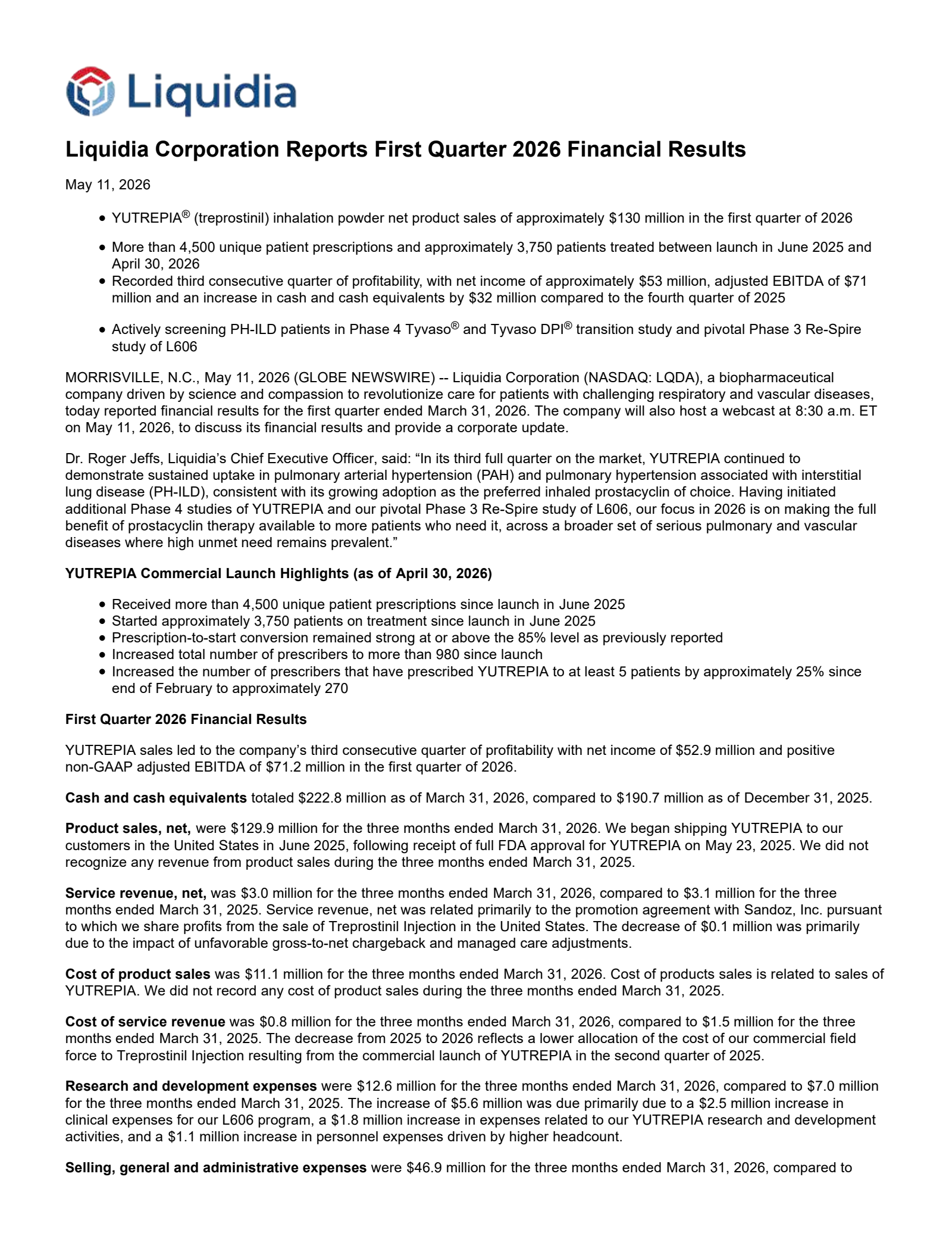 Liquidia's Q1 2026 Press Release