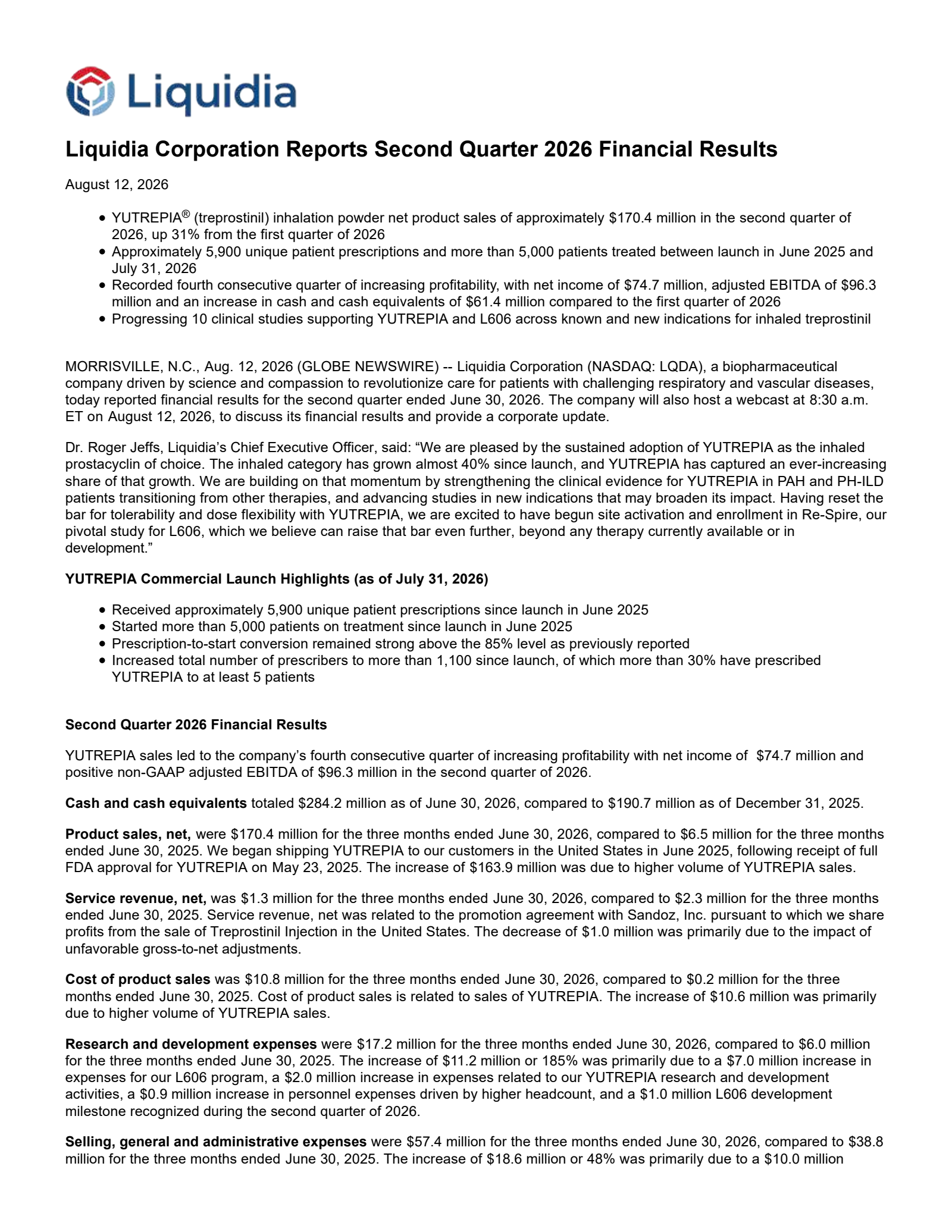 Liquidia's Q2 2026 Press Release