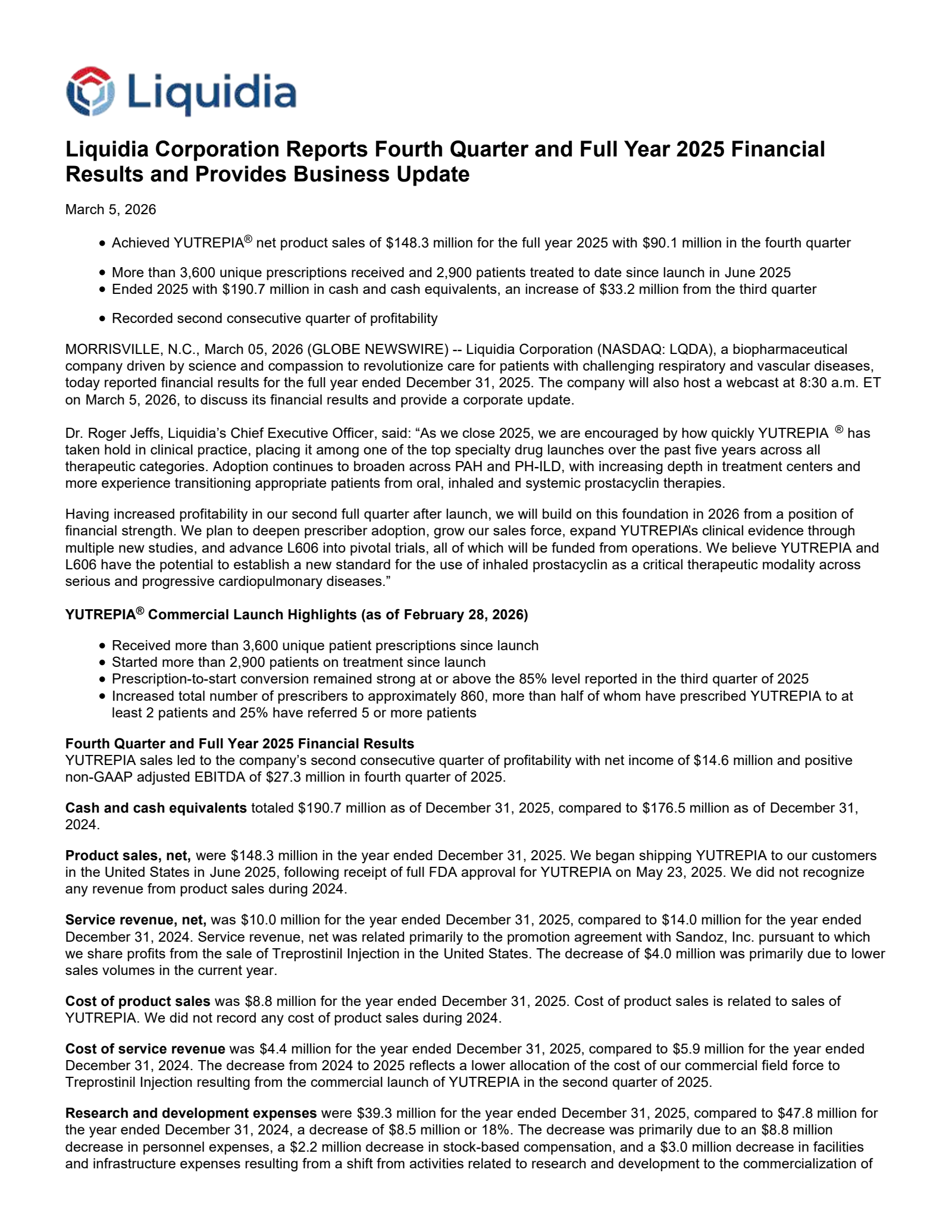 Liquidia's Q4 2025 Press Release