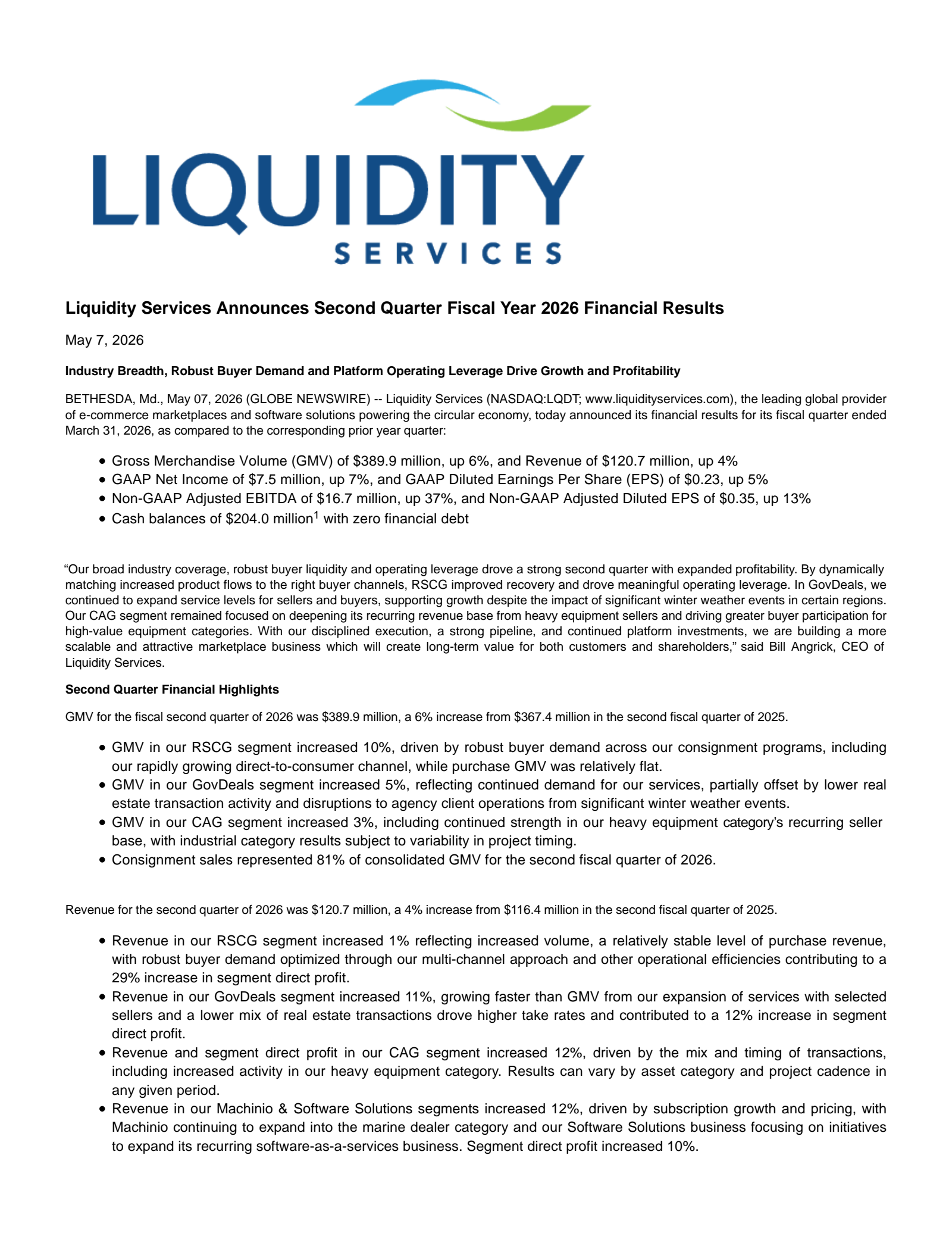 Liquidity Services' Q2 2026 Press Release