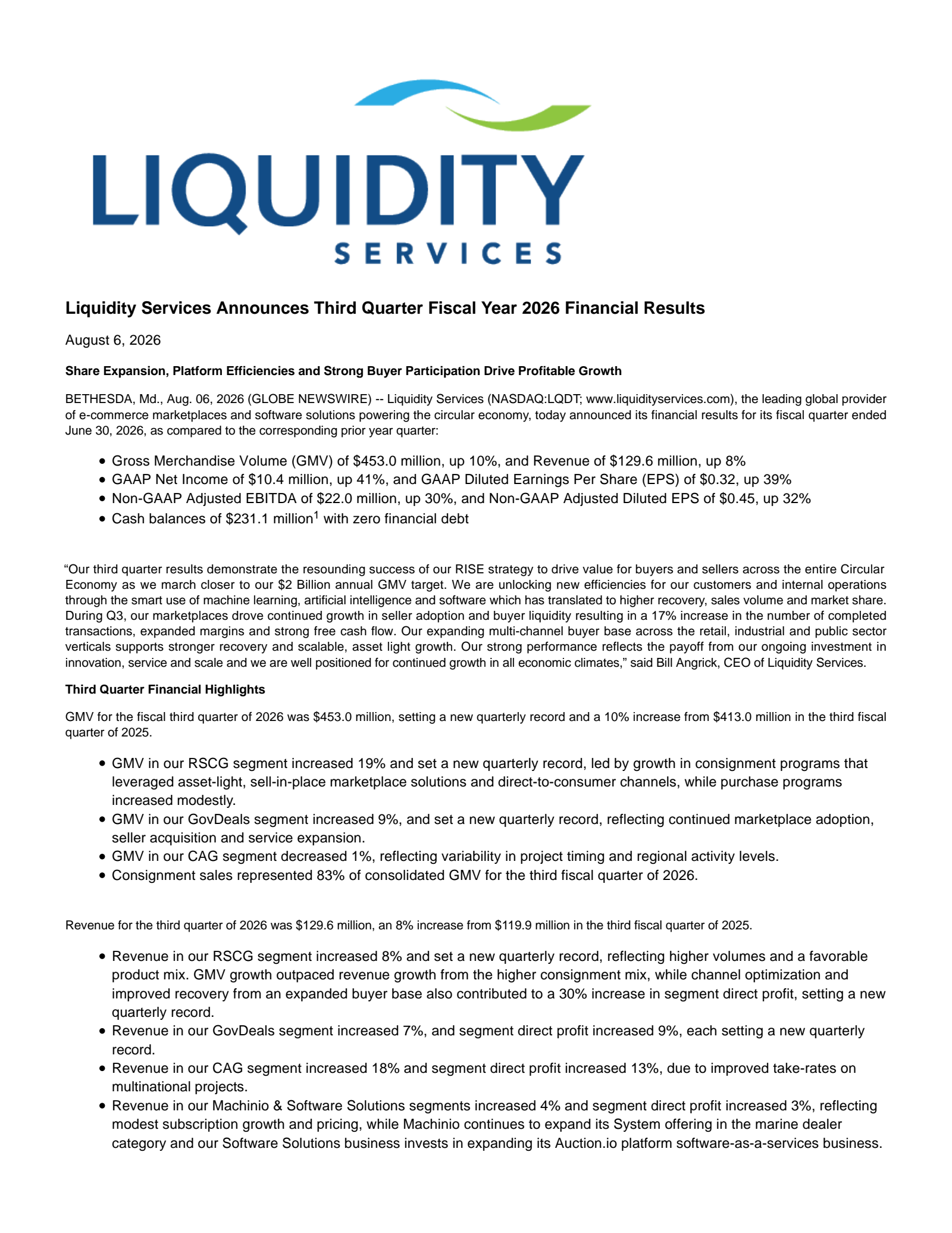 Liquidity Services' Q3 2026 Press Release