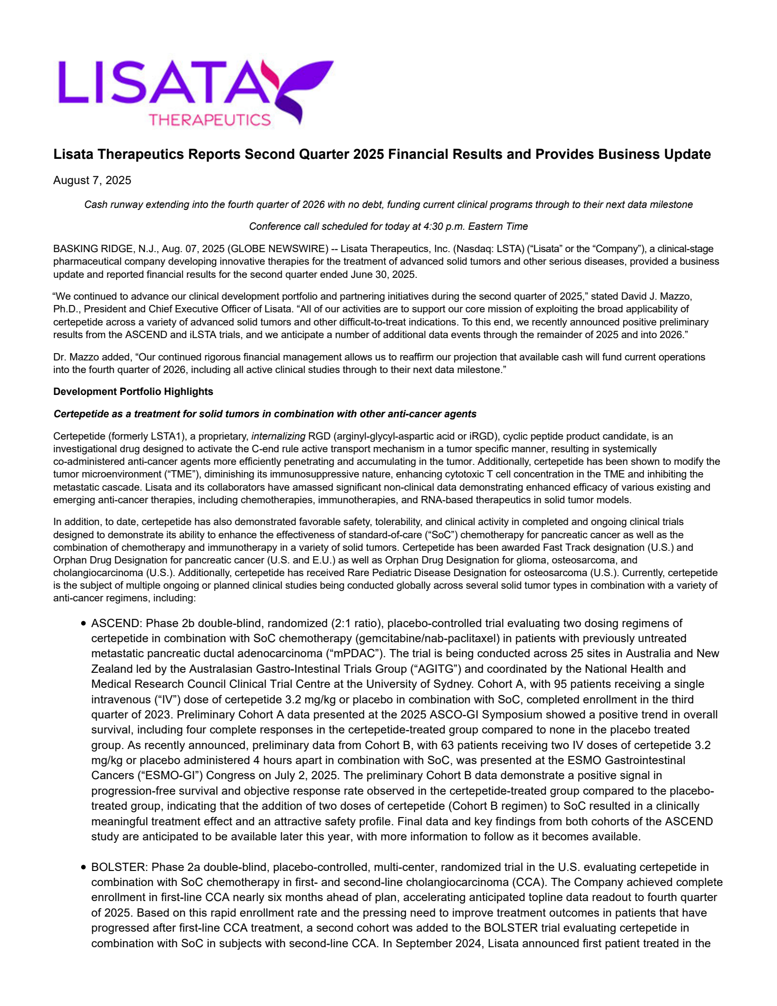 Lisata Therapeutics' Q2 2025 Press Release