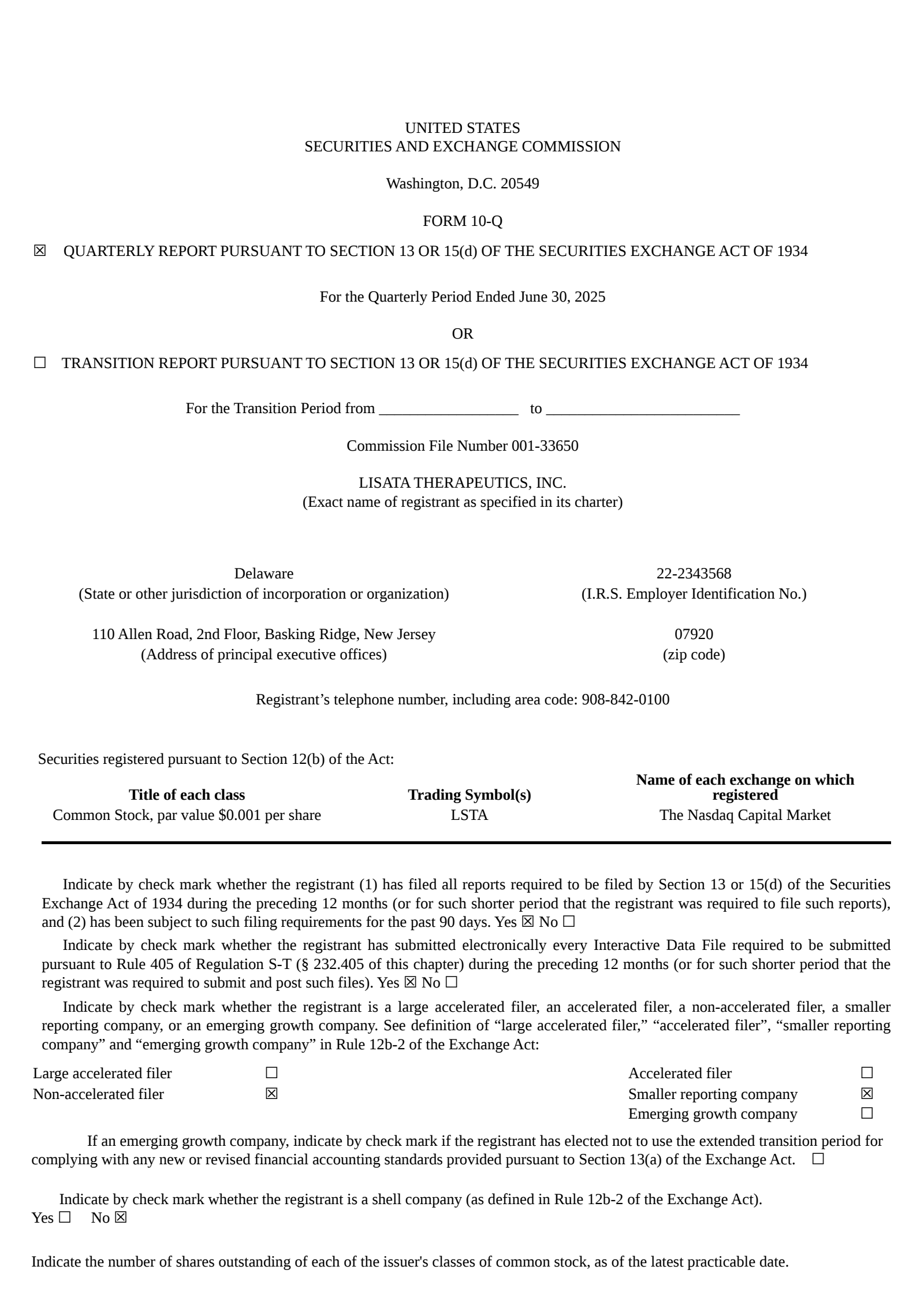 Lisata Therapeutics' Q2 2025 Quarterly report