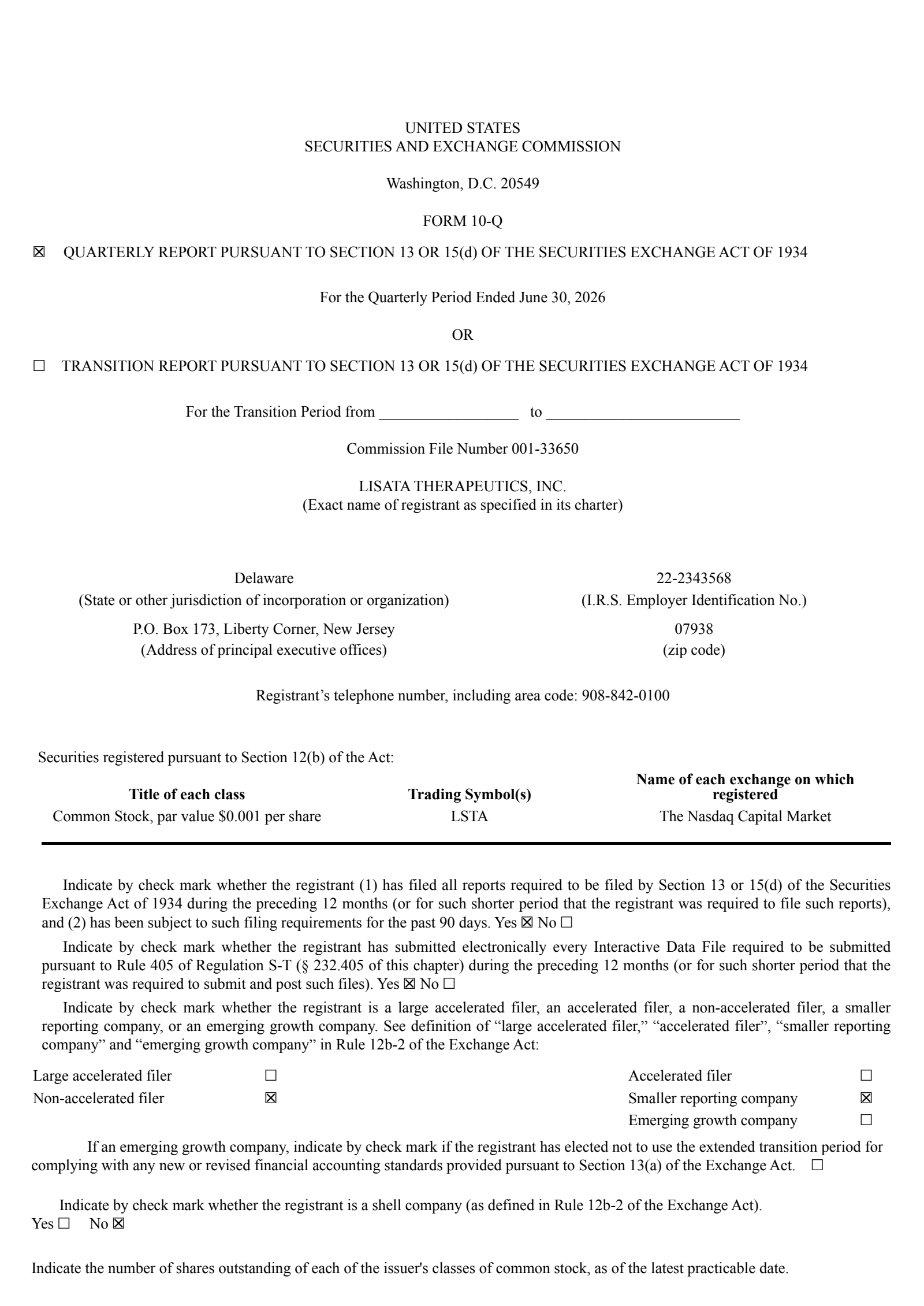 Lisata Therapeutics' Q2 2026 Quarterly report