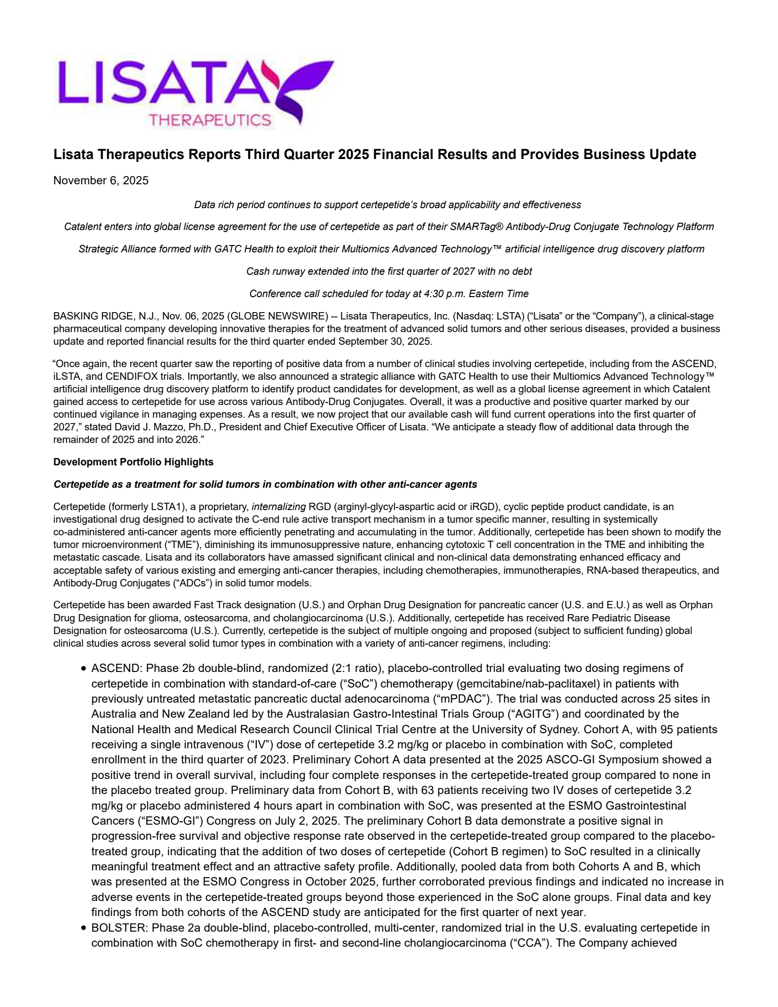 Lisata Therapeutics' Q3 2025 Earnings Release