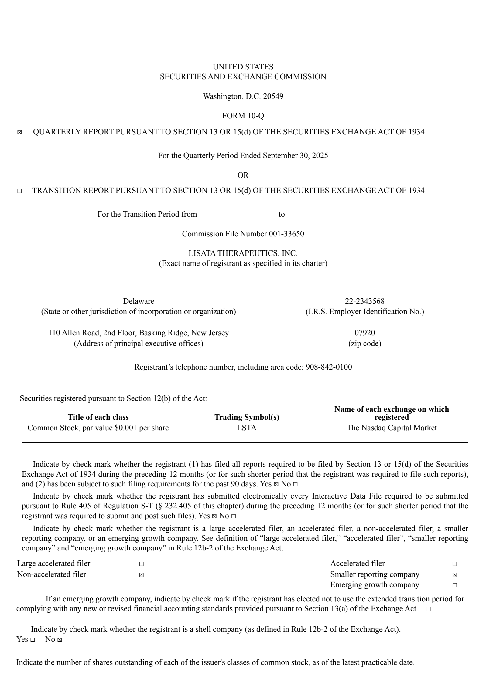Lisata Therapeutics' Q3 2025 Quarterly Report