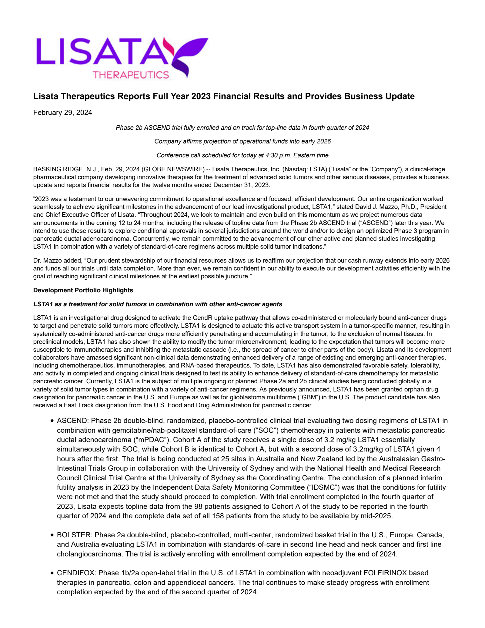 Lisata Therapeutics' Q4 2023 Press Release