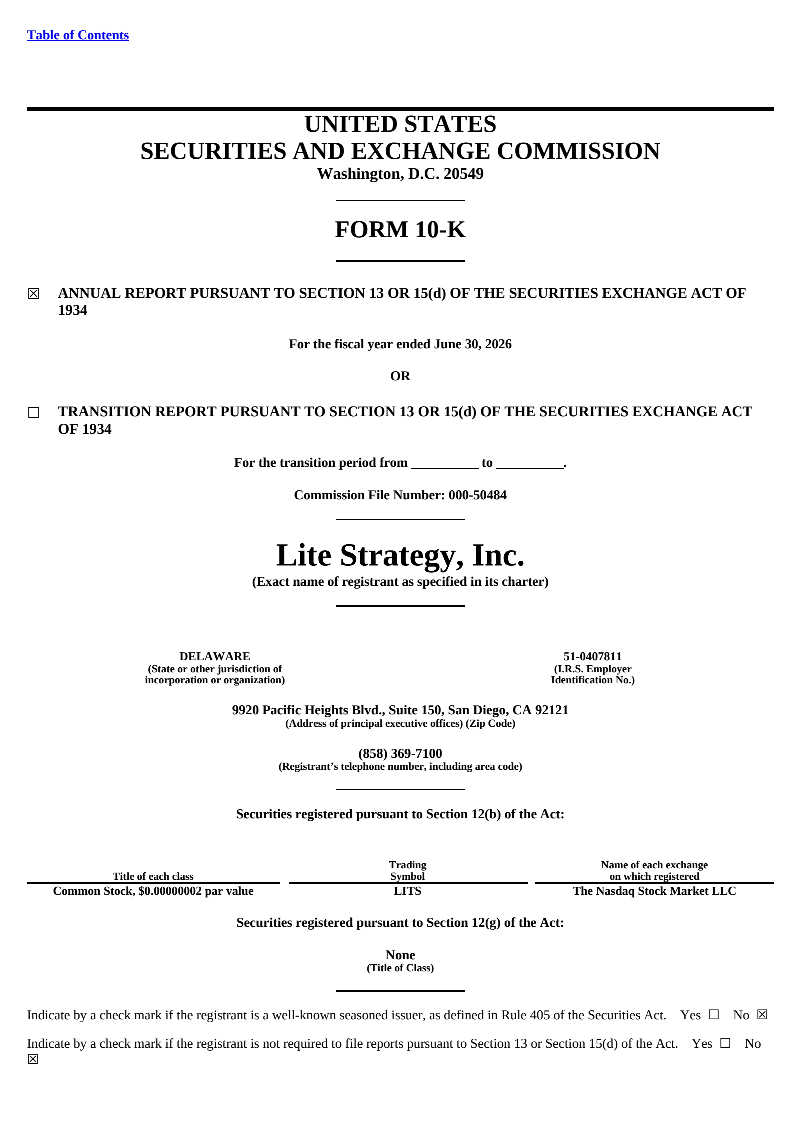 Lite Strategy's Q4 2026 Annual report