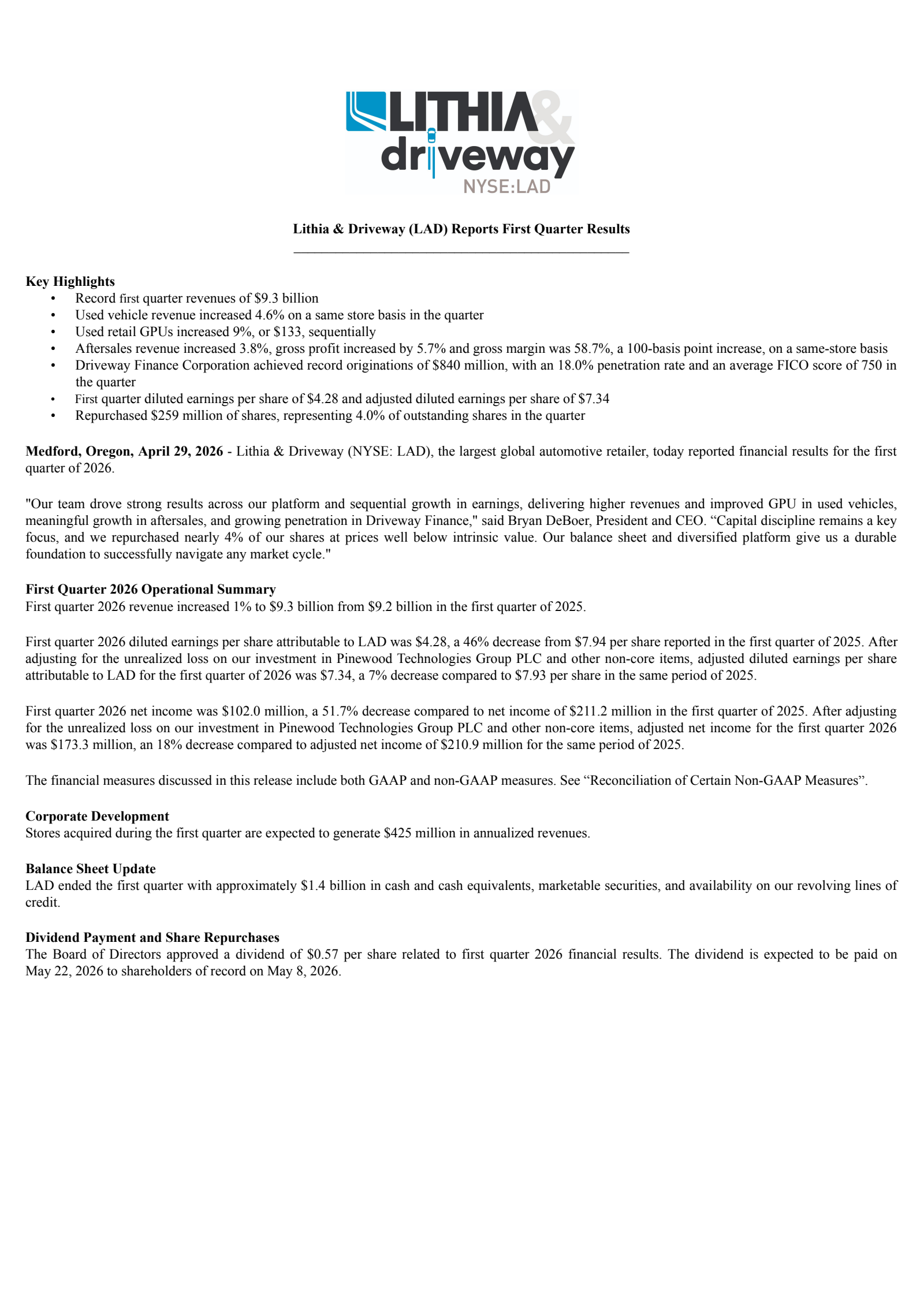 Lithia Motors' Q1 2026 Press Release