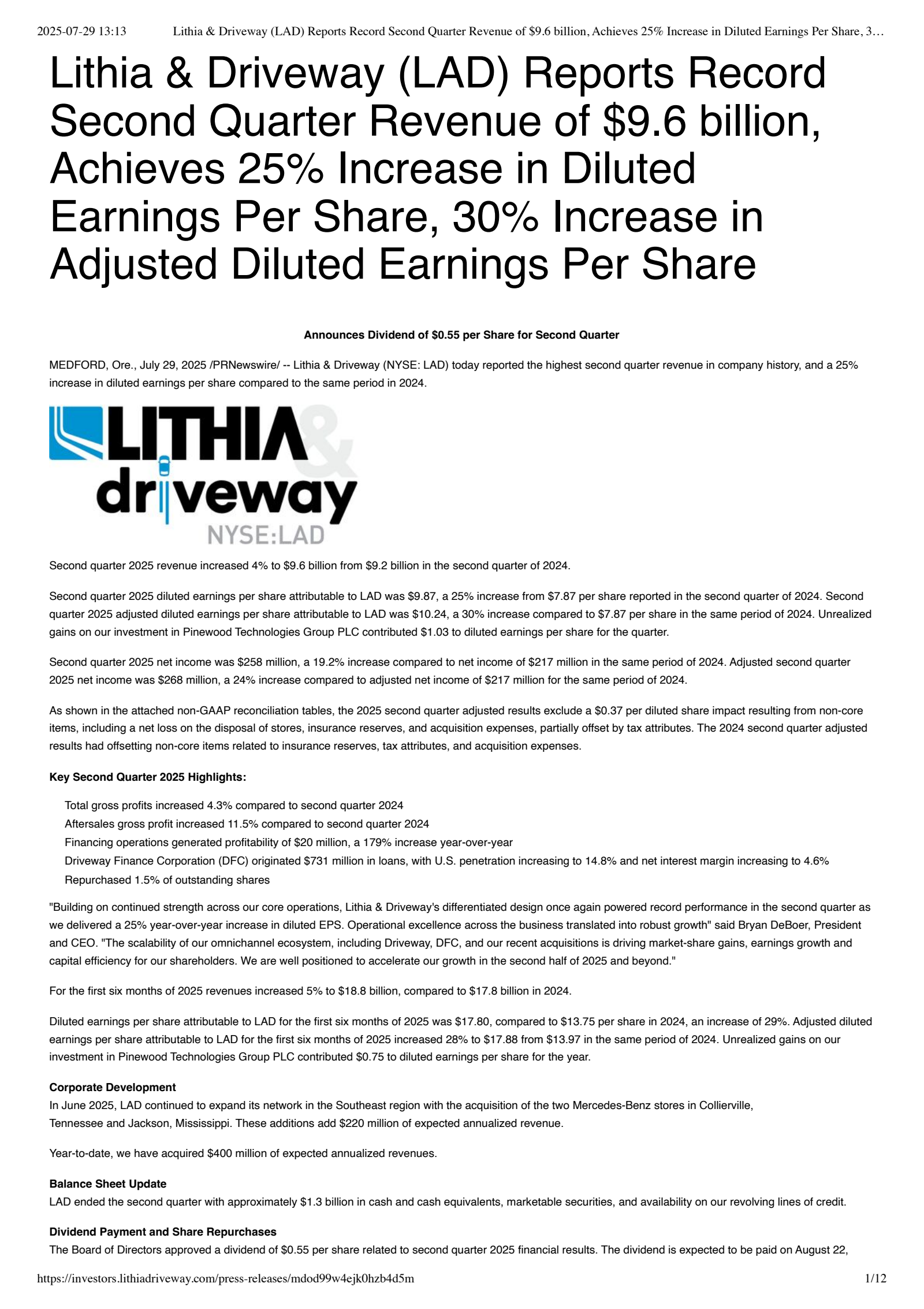 Lithia Motors' Q2 2025 Press Release