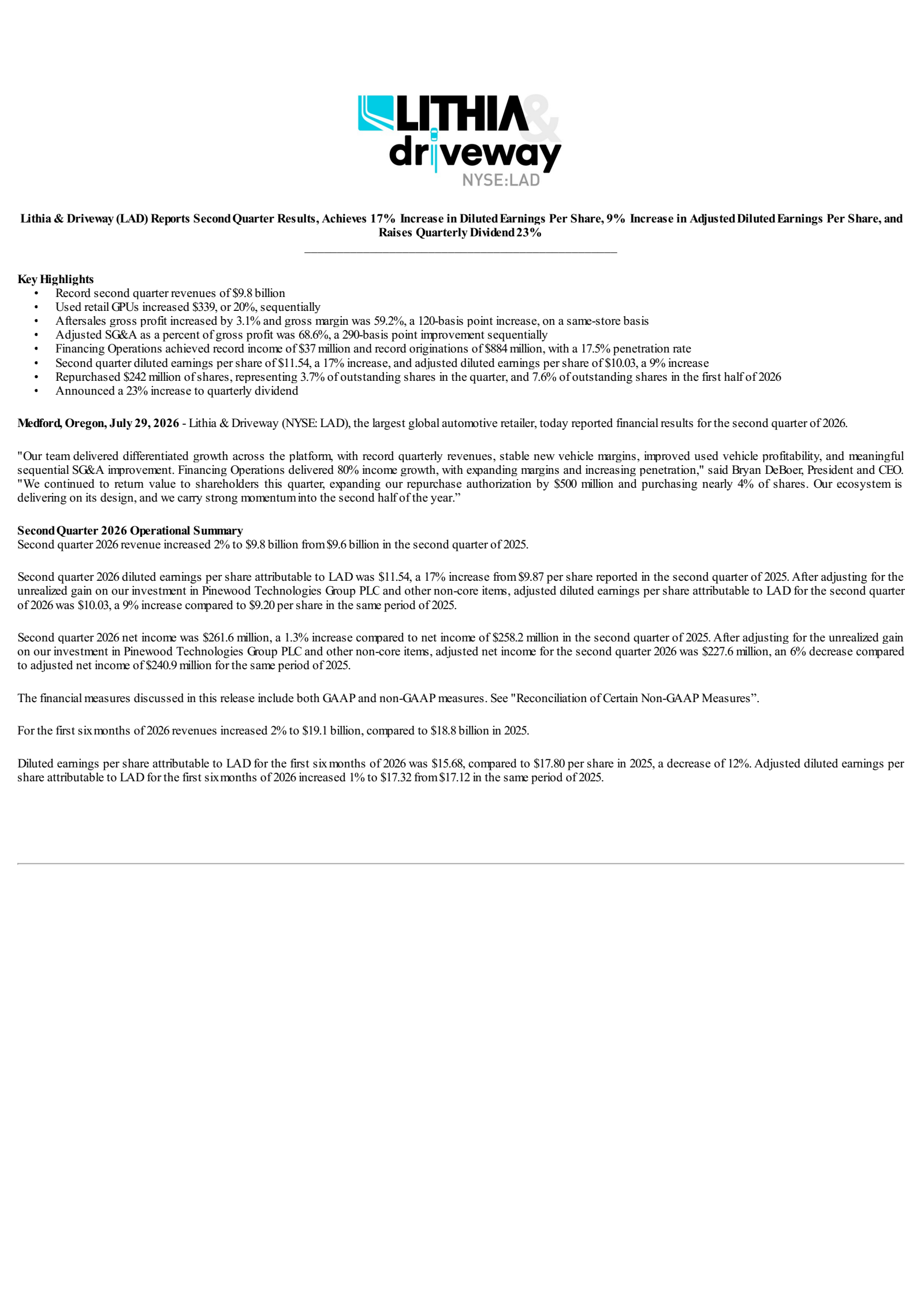 Lithia Motors' Q2 2026 Press Release