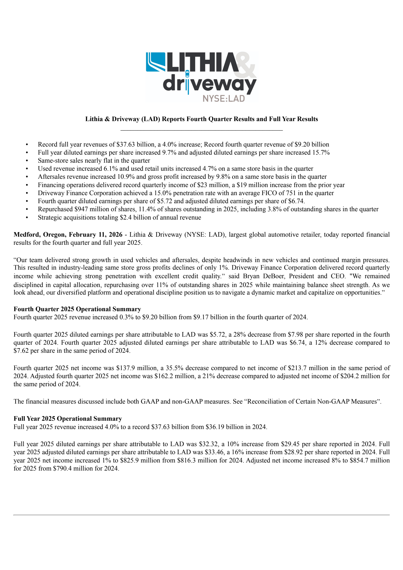 Lithia Motors' Q4 2025 Press Release