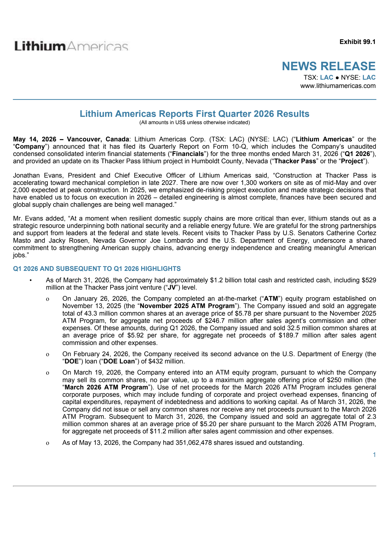Lithium Americas' Q1 2026 Press Release