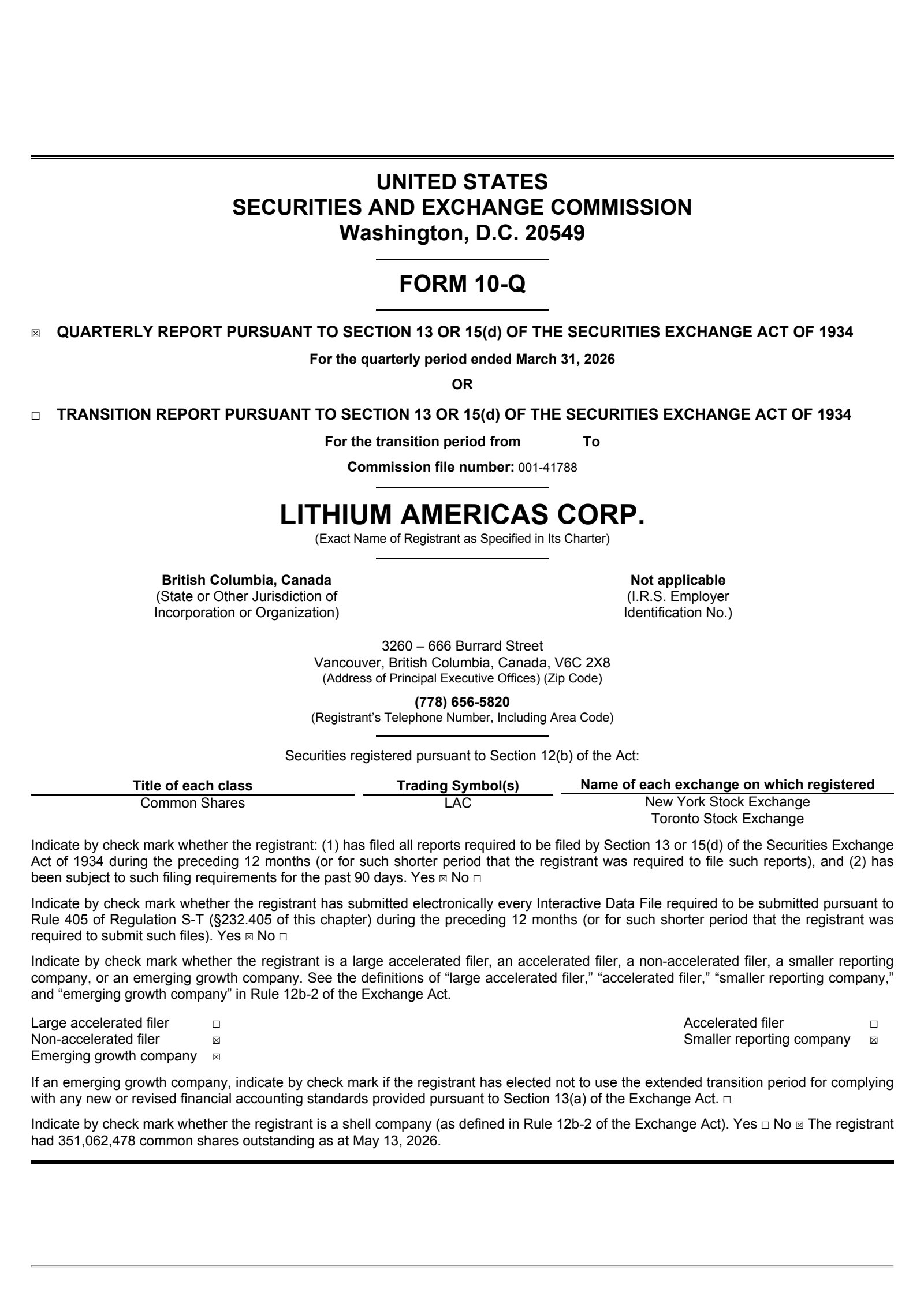 Lithium Americas' Q1 2026 Quarterly report