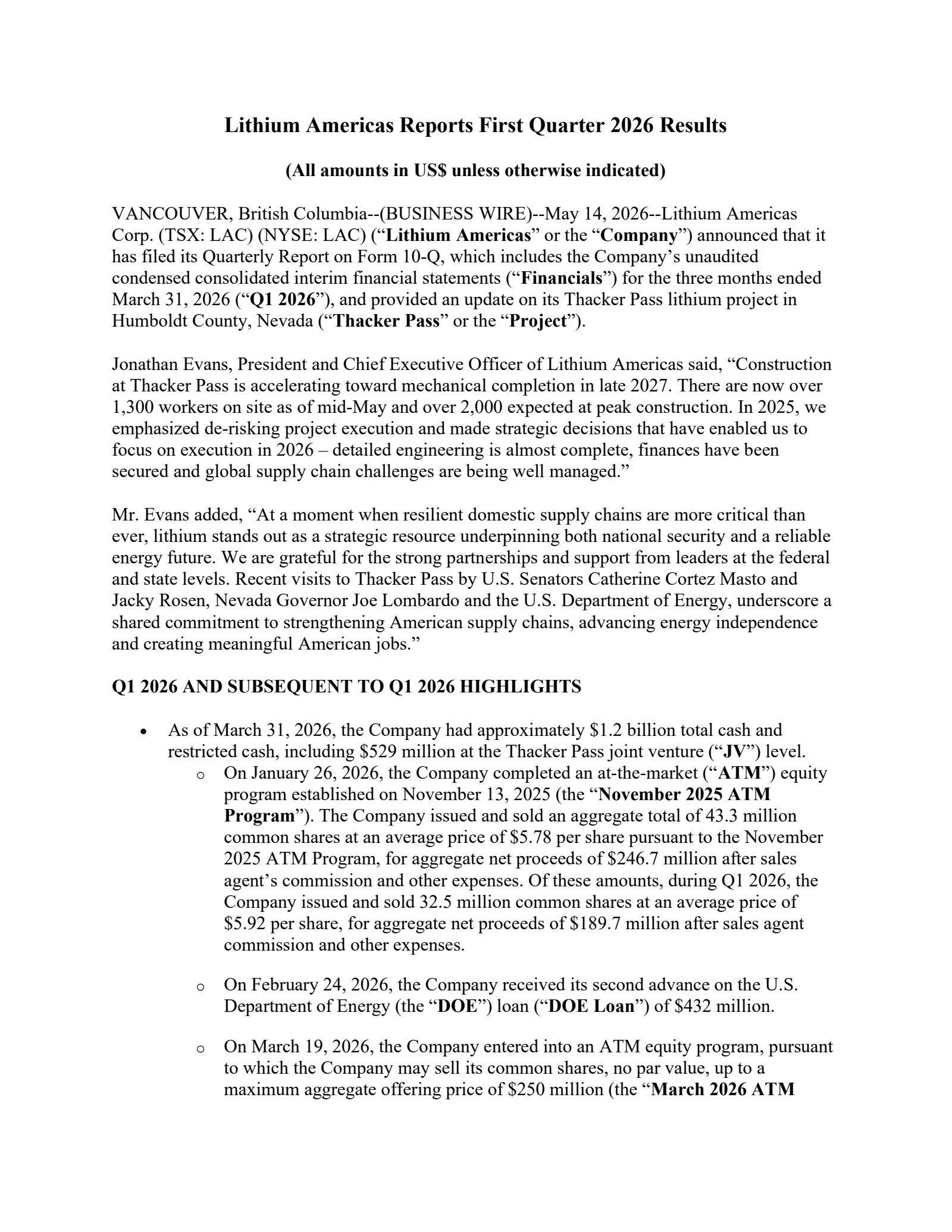 Lithium Americas' Q1 2026 Press Release