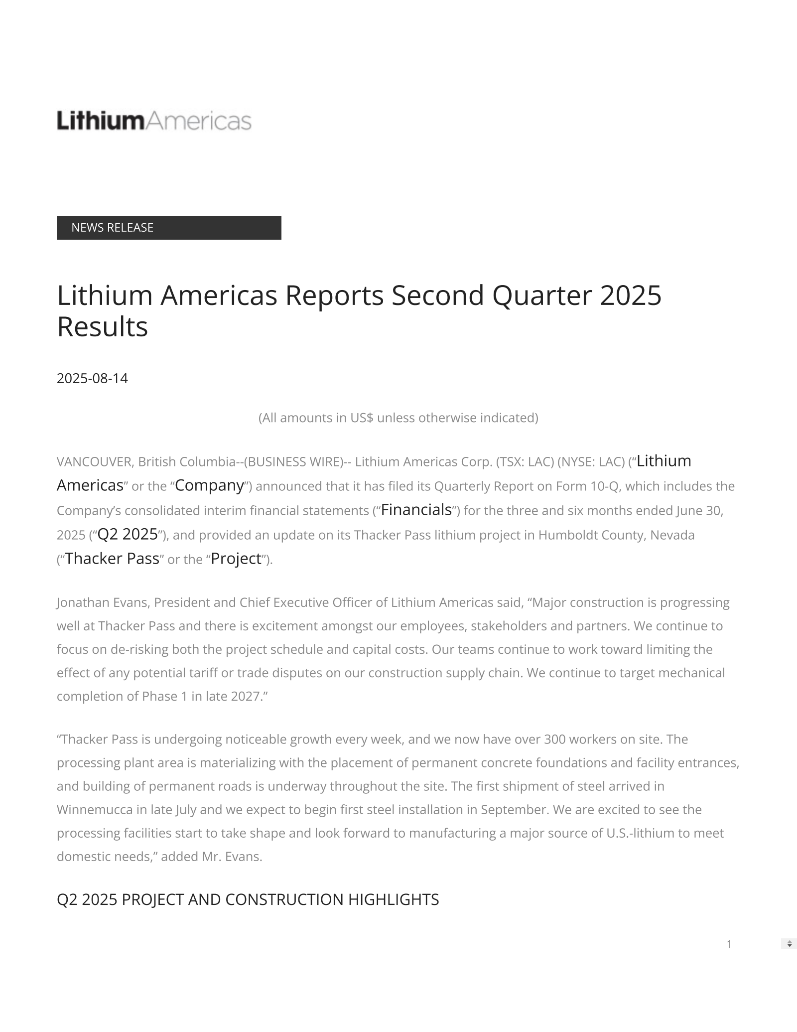 Lithium Americas' Q2 2025 Press Release