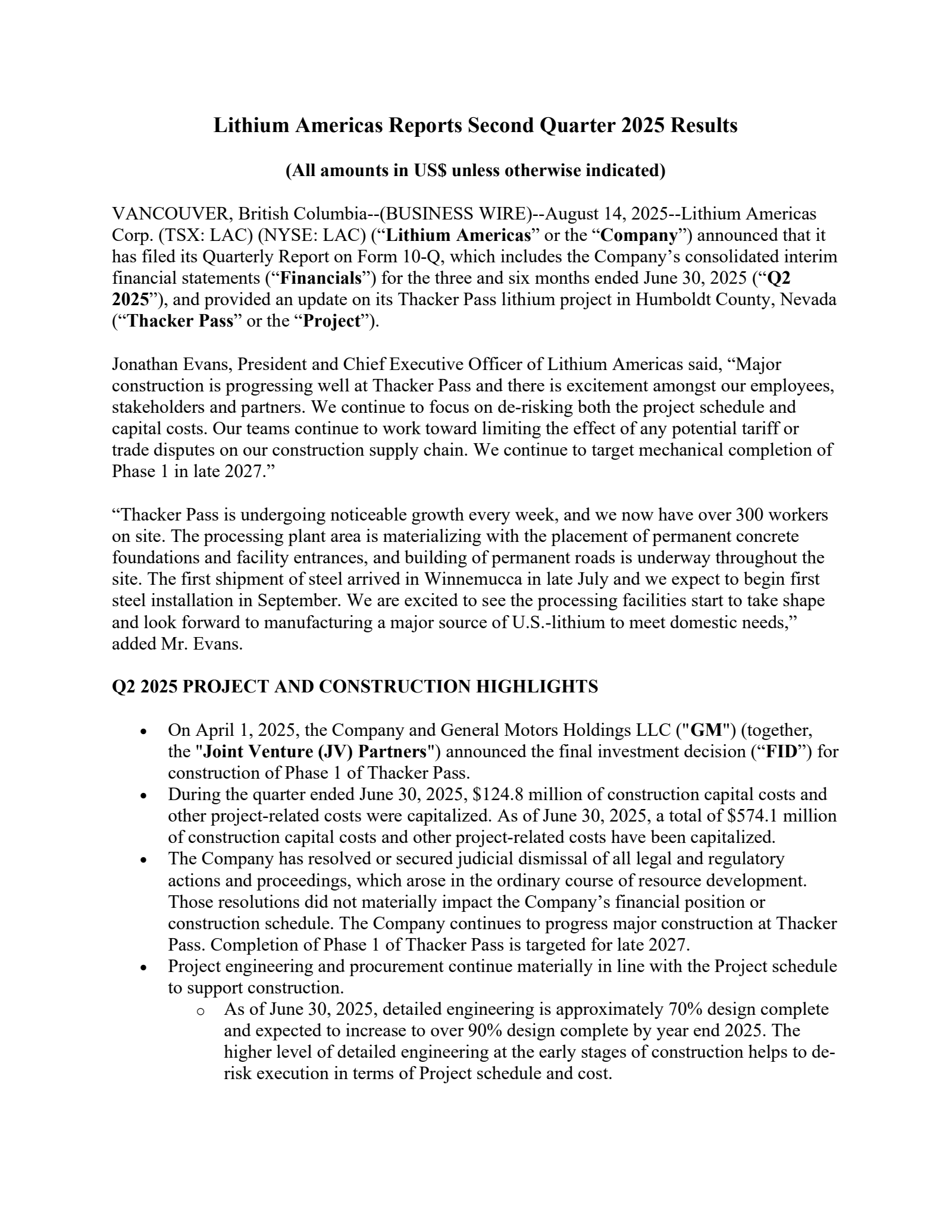 Lithium Americas' Q2 2025 Press Release