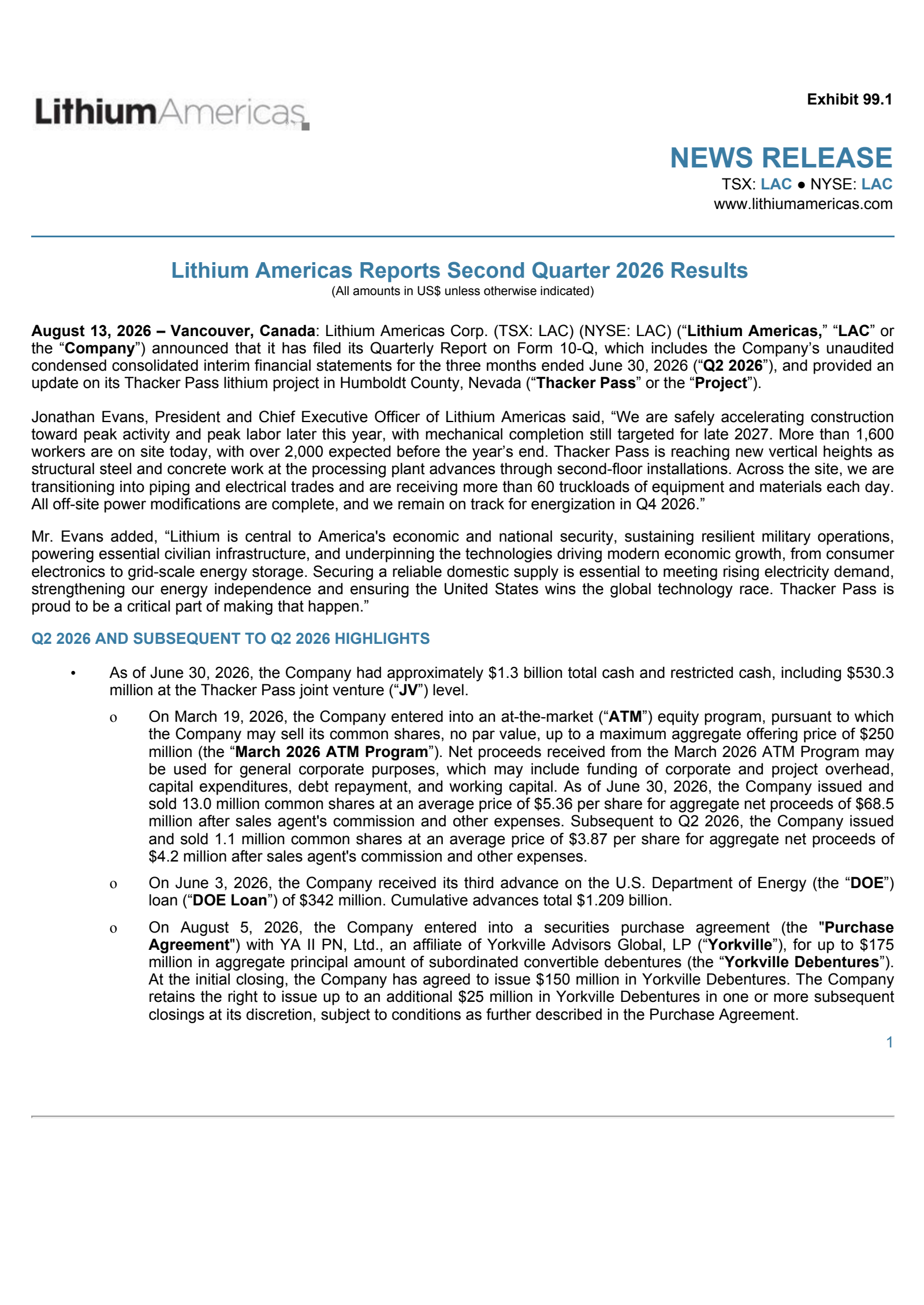 Lithium Americas' Q2 2026 Press Release
