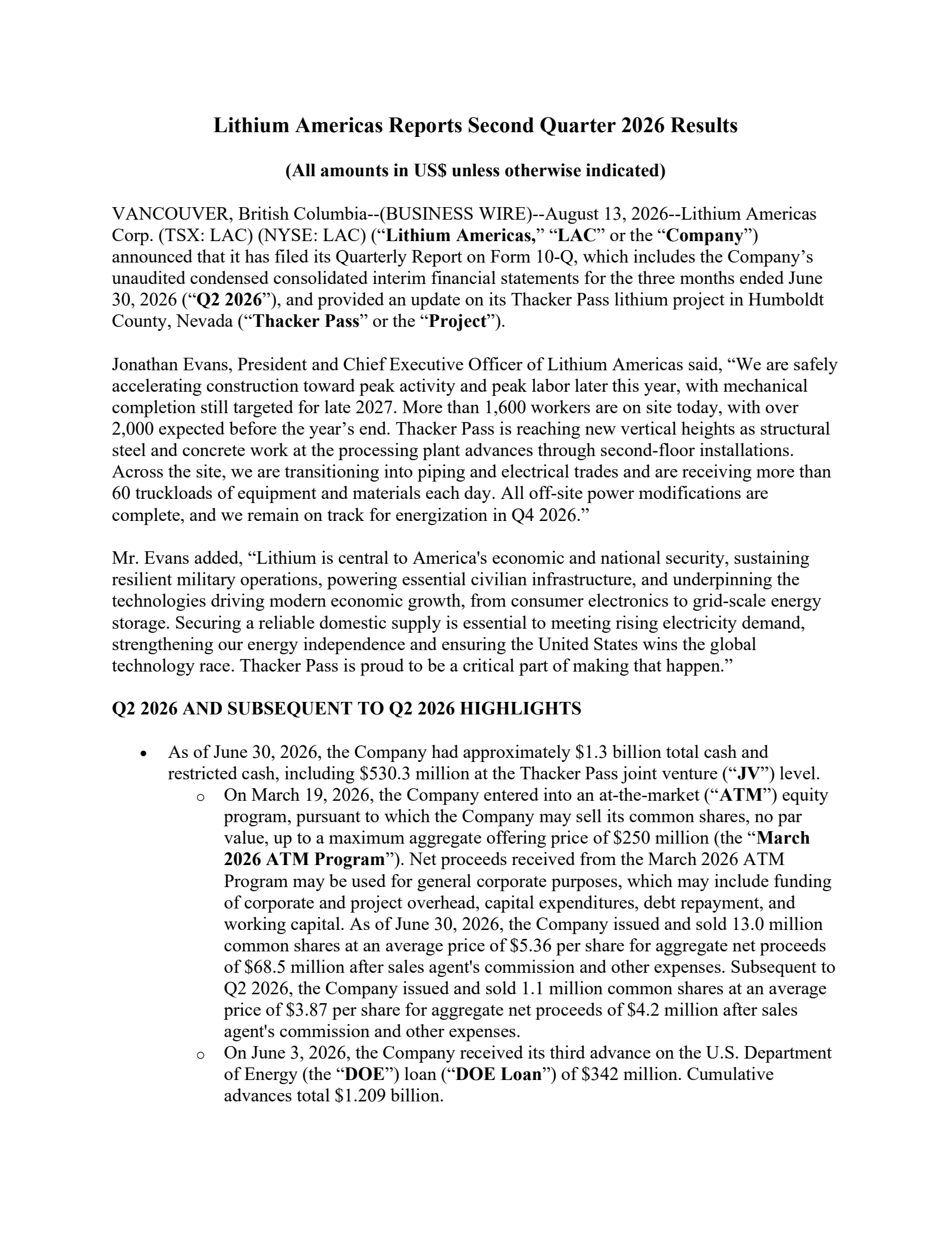 Lithium Americas' Q2 2026 Press Release