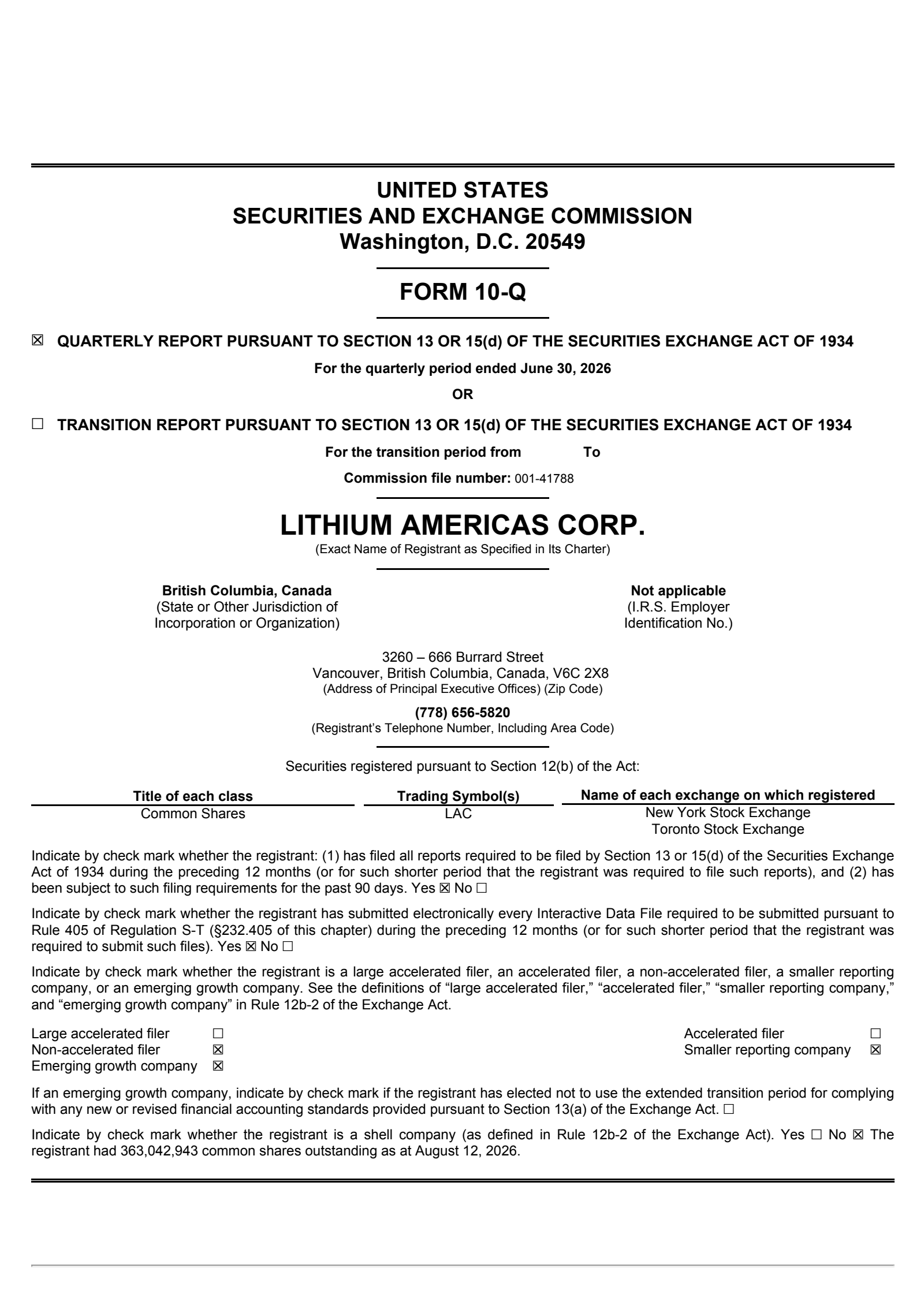 Lithium Americas' Q2 2026 Quarterly report