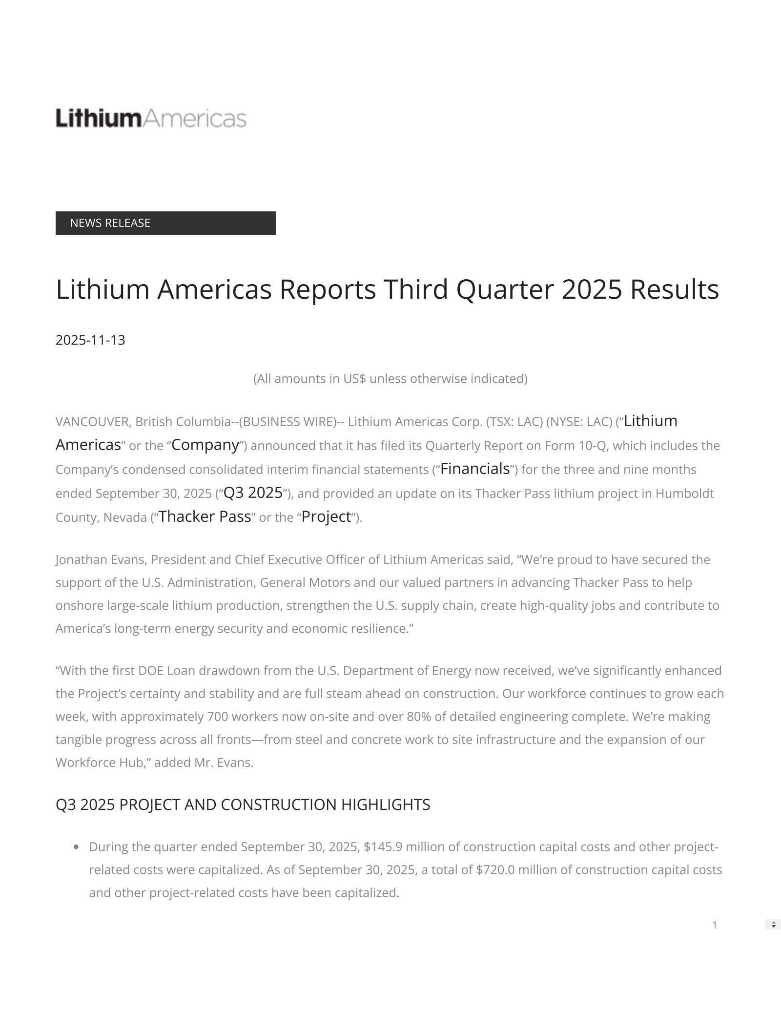Lithium Americas' Q3 2025 Earnings Release