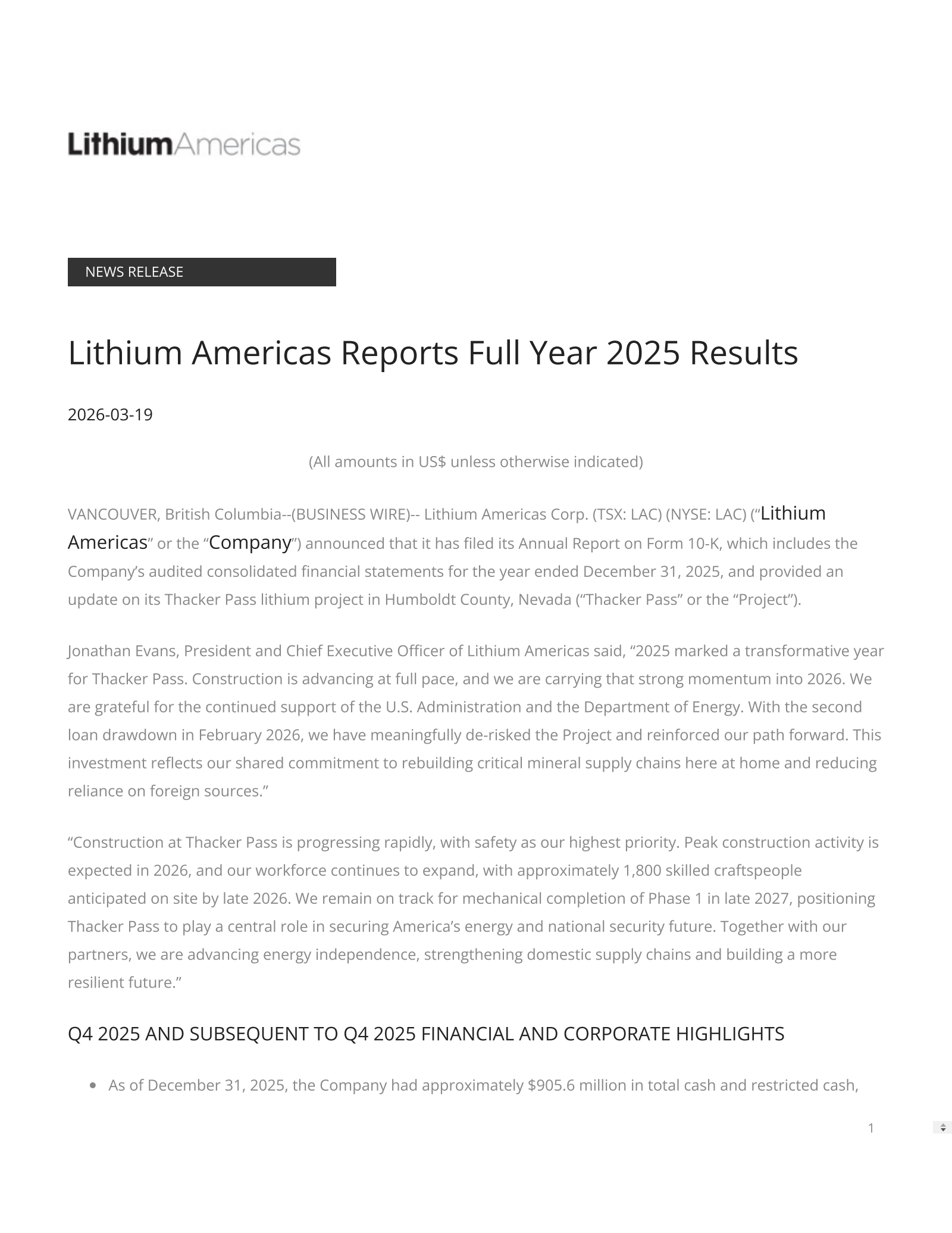 Lithium Americas' Q4 2025 Press Release