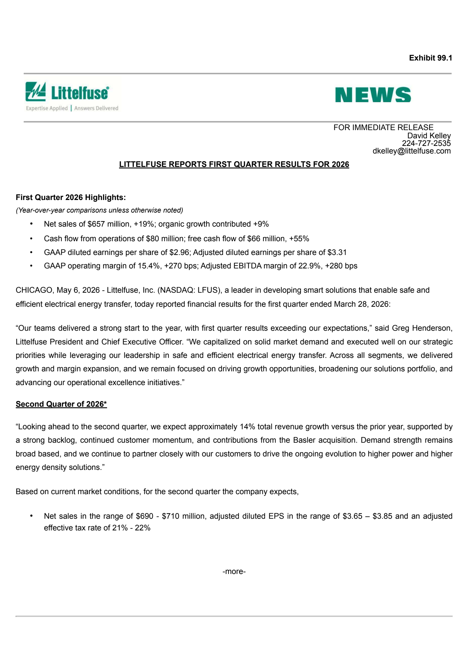 Littelfuse's Q1 2026 Press Release