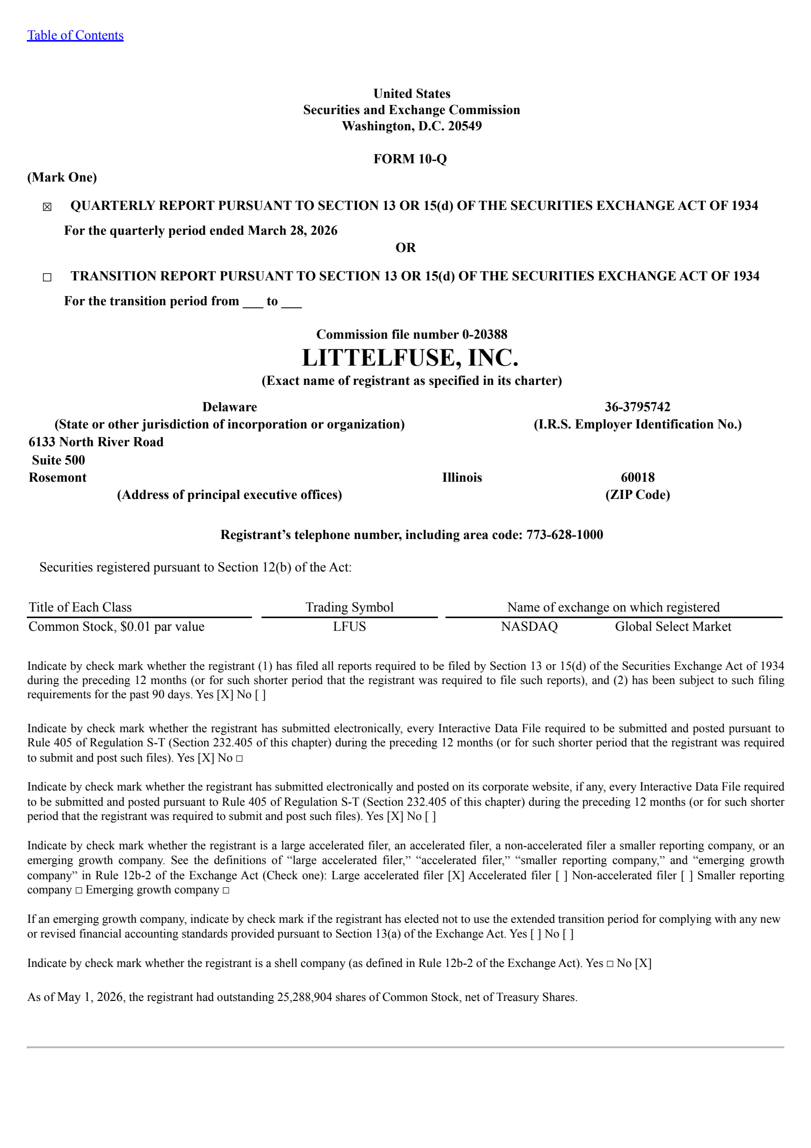 Littelfuse's Q1 2026 Quarterly report