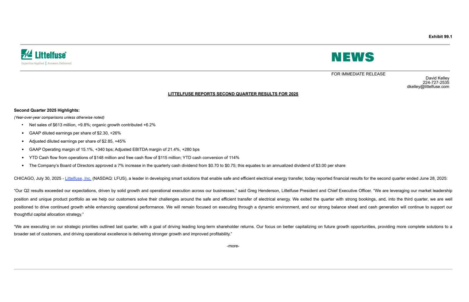 Littelfuse's Q2 2025 Press Release