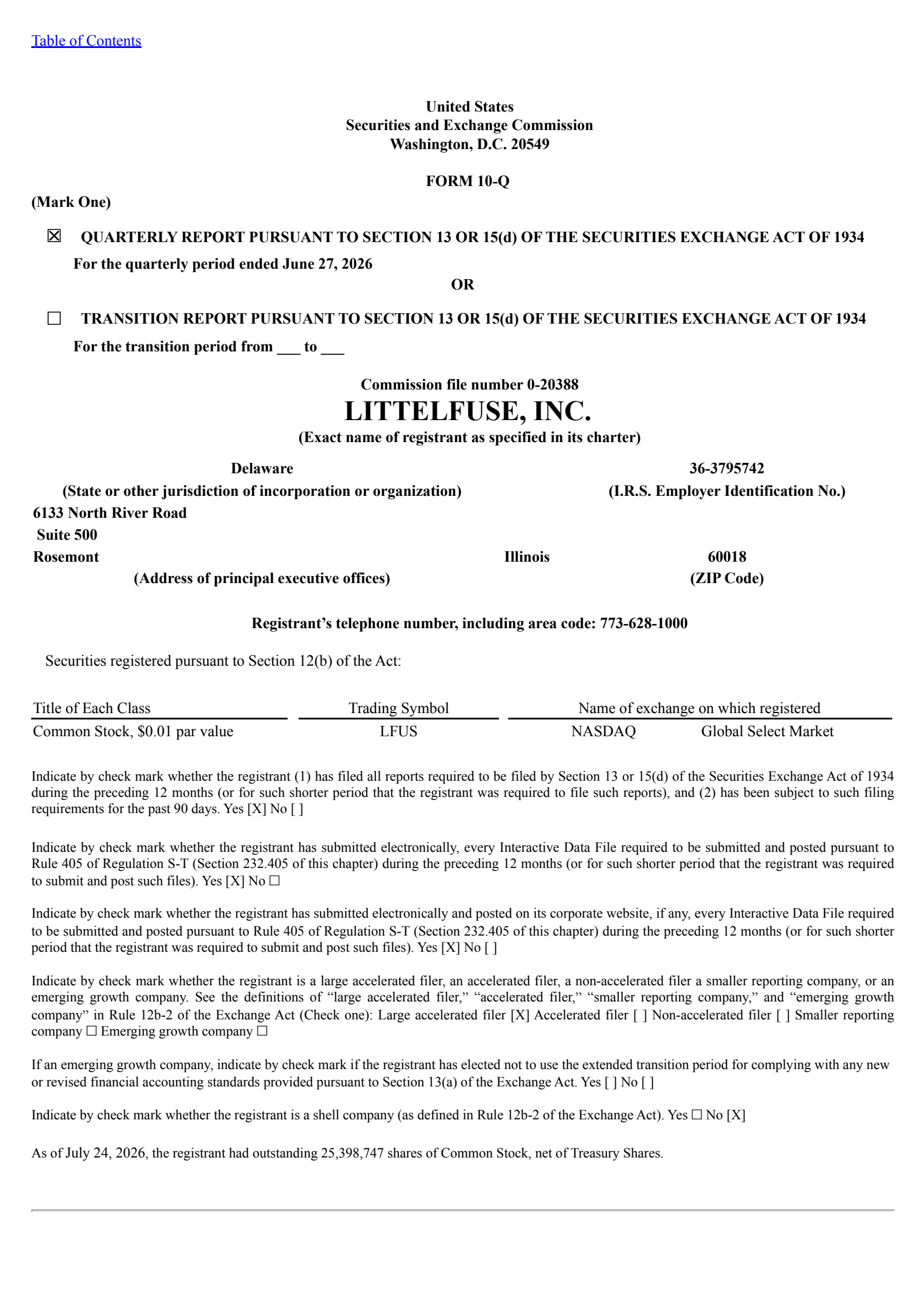 Littelfuse's Q2 2026 Quarterly report
