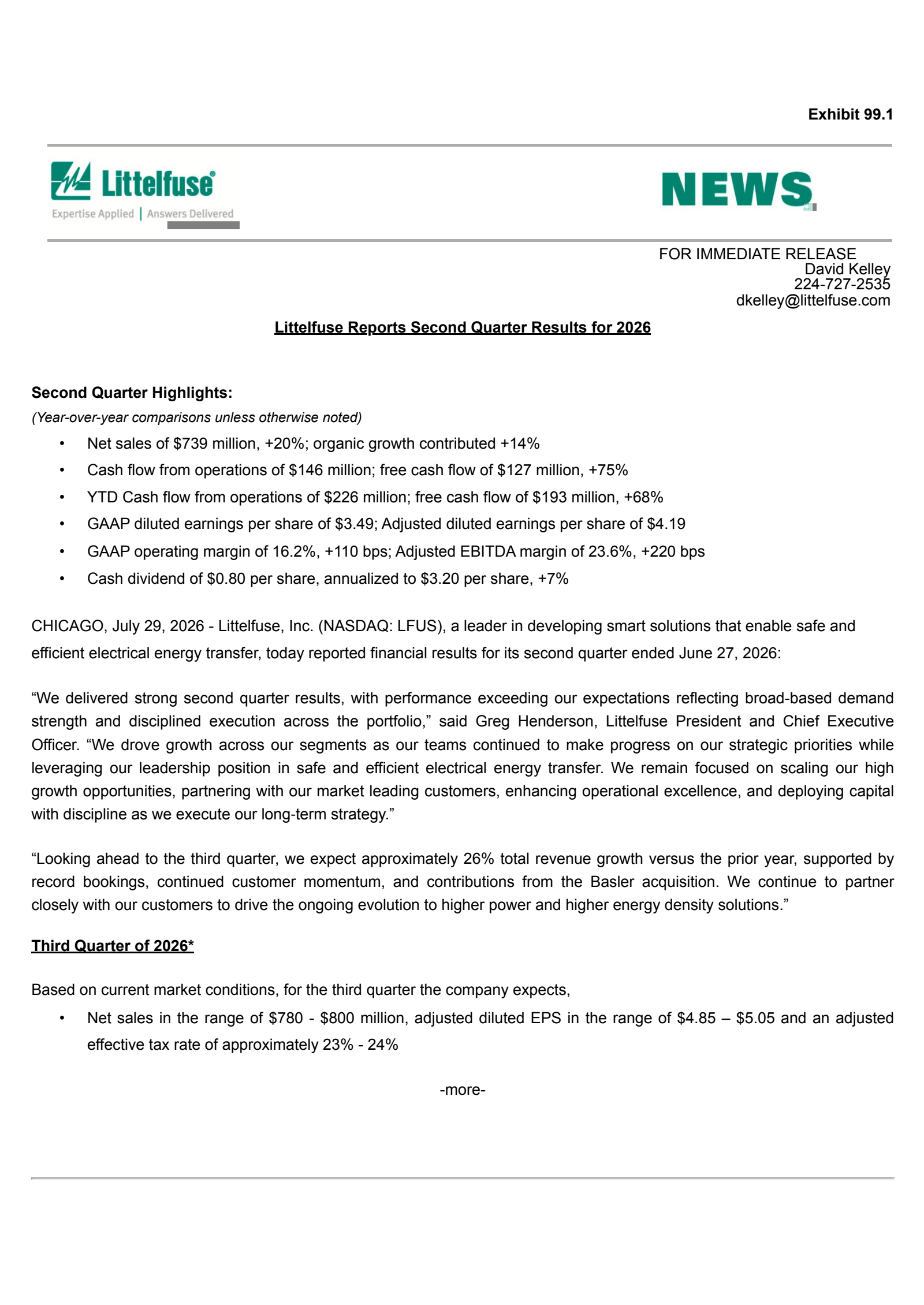 LFUS Q2 2026 Earnings Report on 7/29/2026