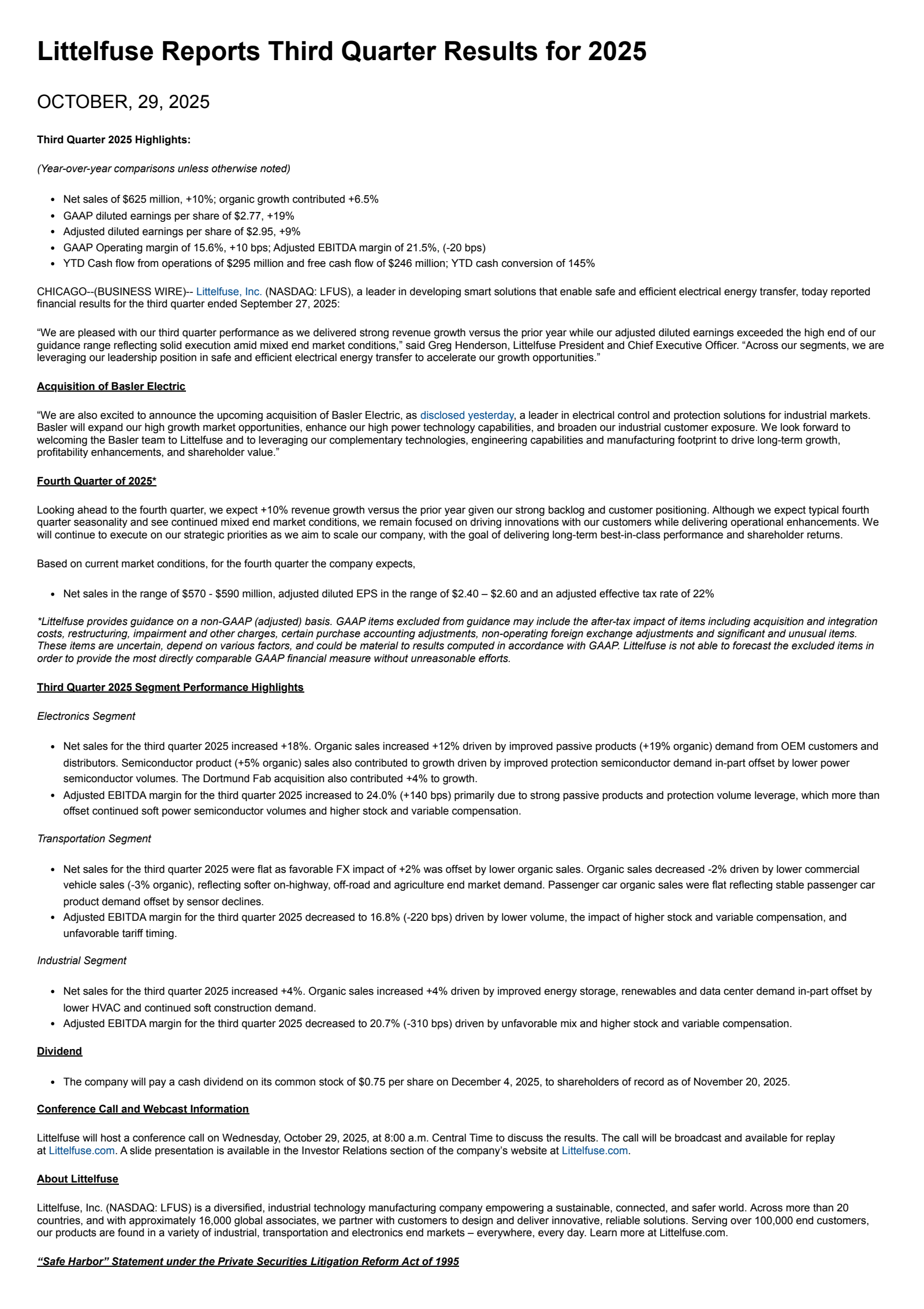 Littelfuse's Q3 2025 Earnings Release