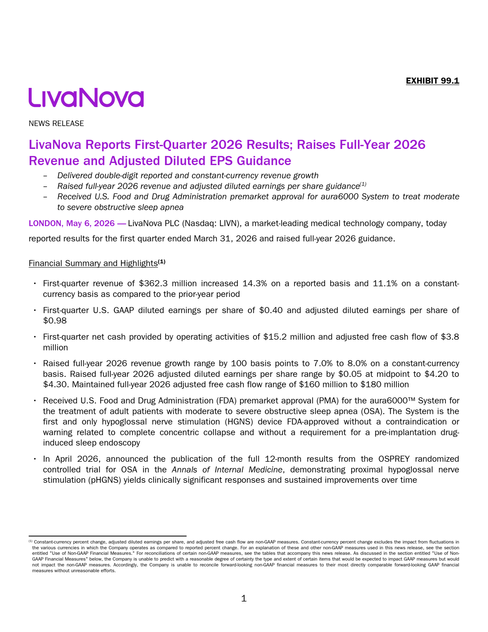 LivaNova's Q1 2026 Press Release