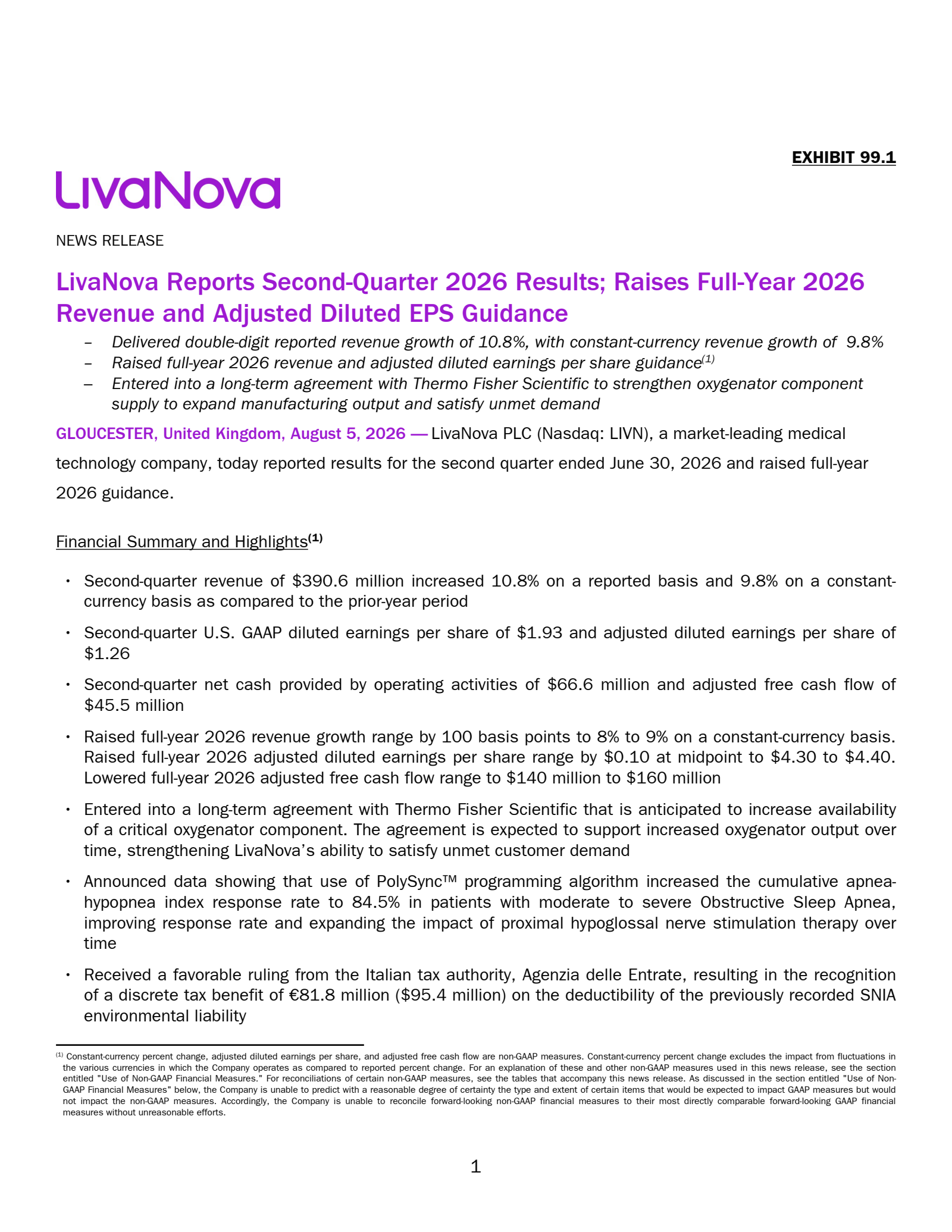 LivaNova's Q2 2026 Press Release