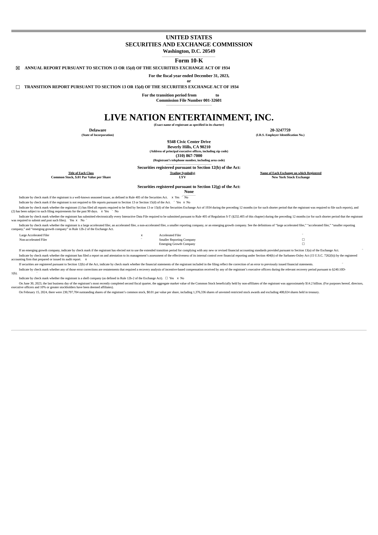 Live Nation Entertainment's Q4 2023 Annual report