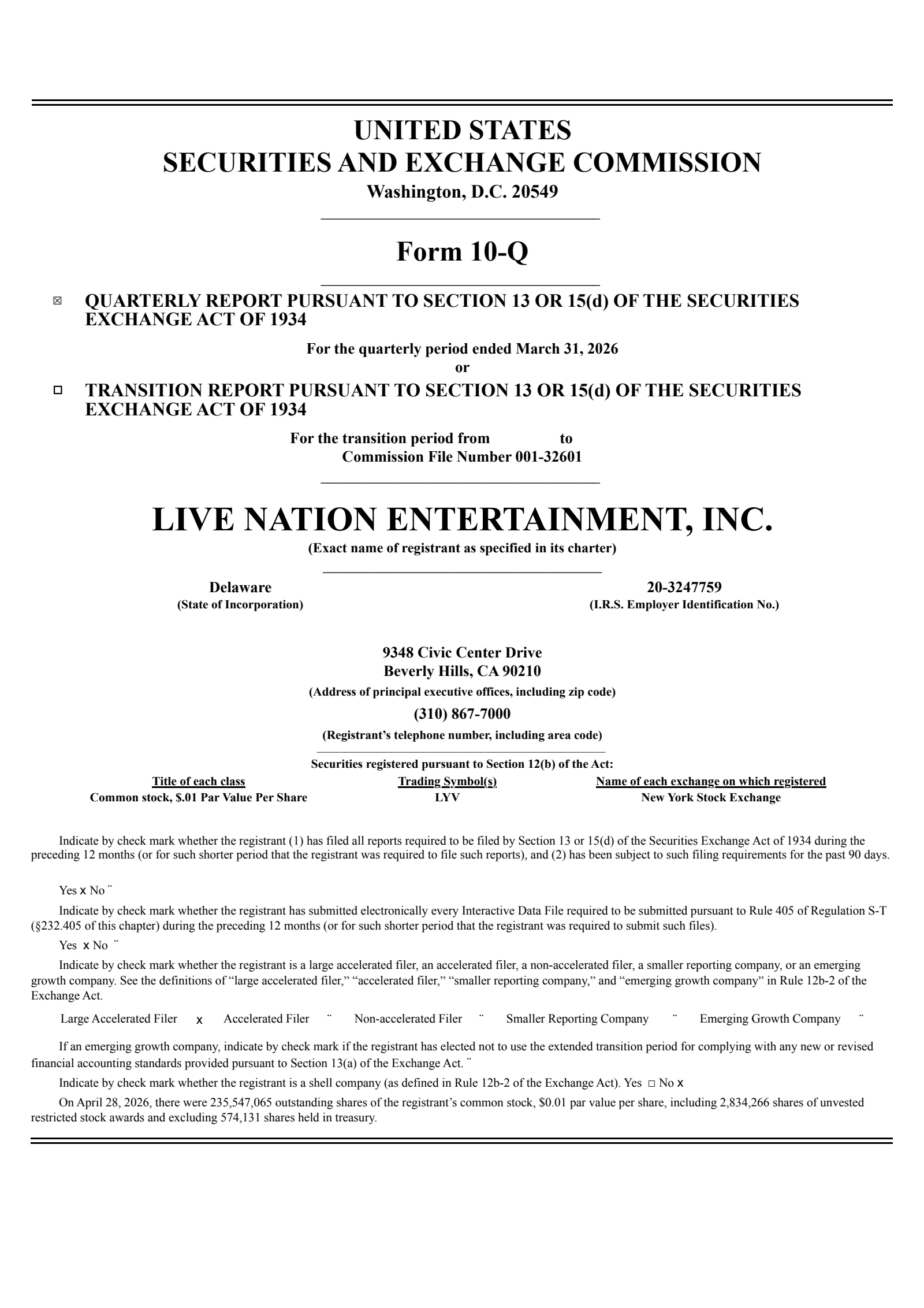 Live Nation Entertainment's Q1 2026 Quarterly report