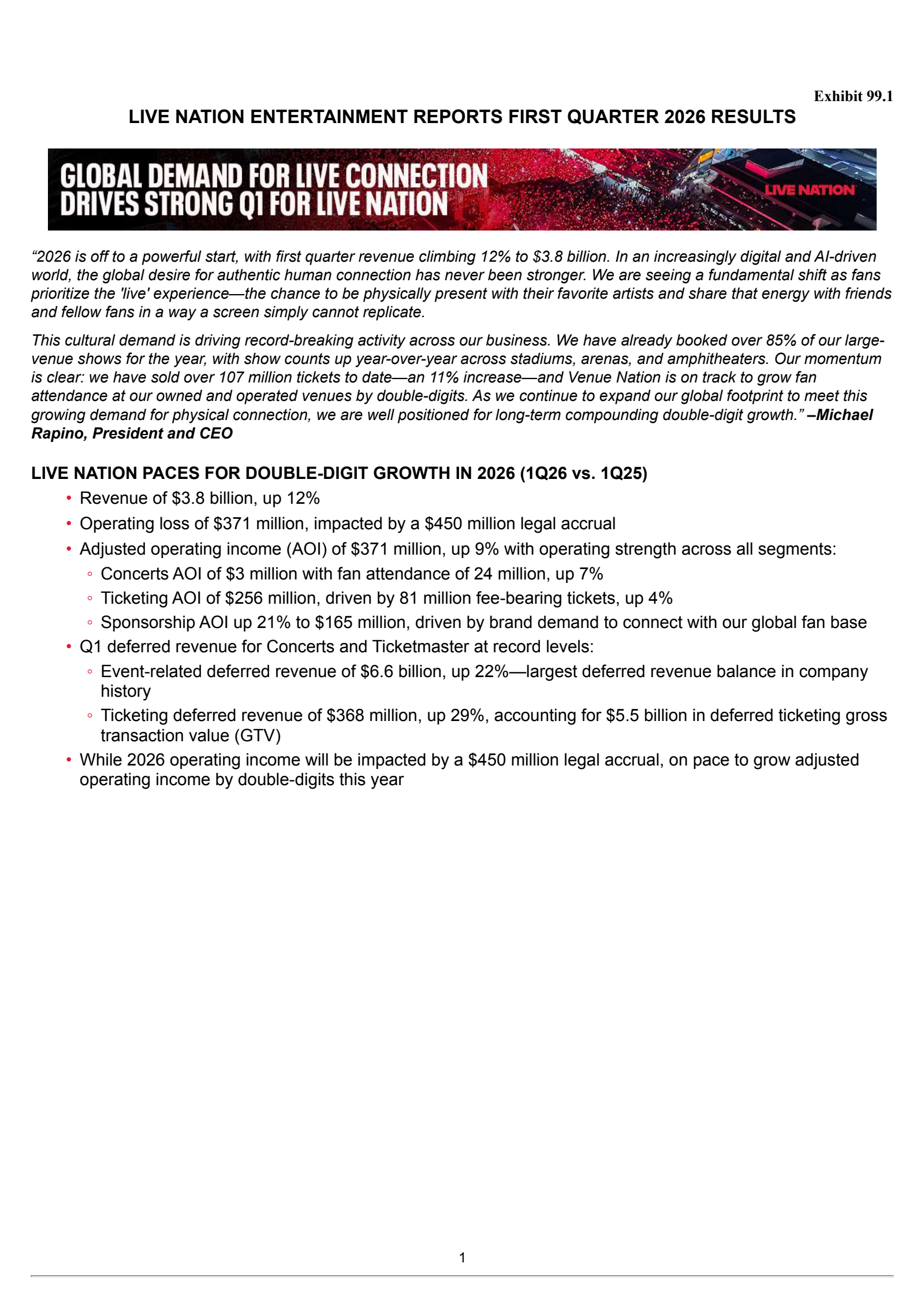 Live Nation Entertainment's Q1 2026 Press Release