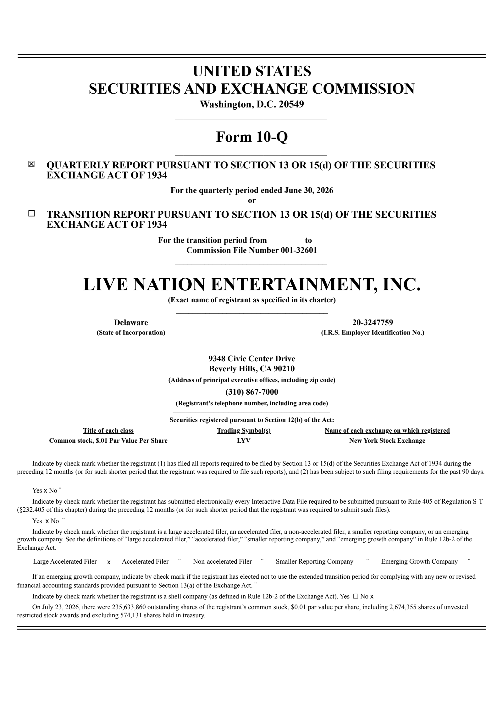Live Nation Entertainment's Q2 2026 Quarterly report