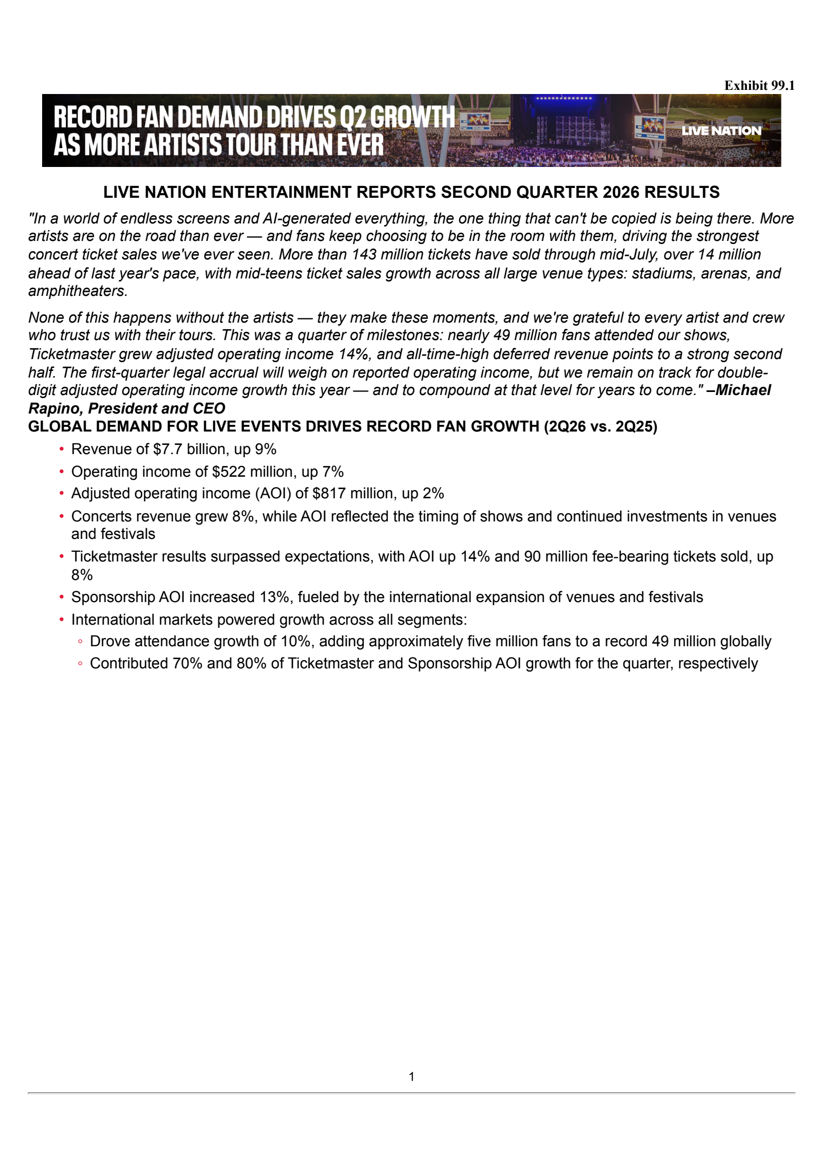 Live Nation Entertainment's Q2 2026 Press Release