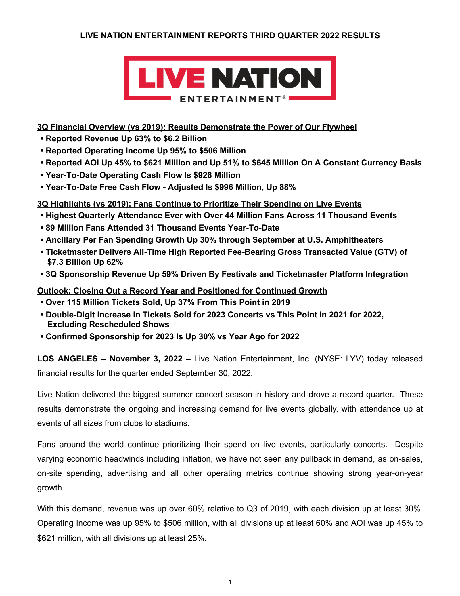 Live Nation Entertainment's Q3 2022 Earnings Release