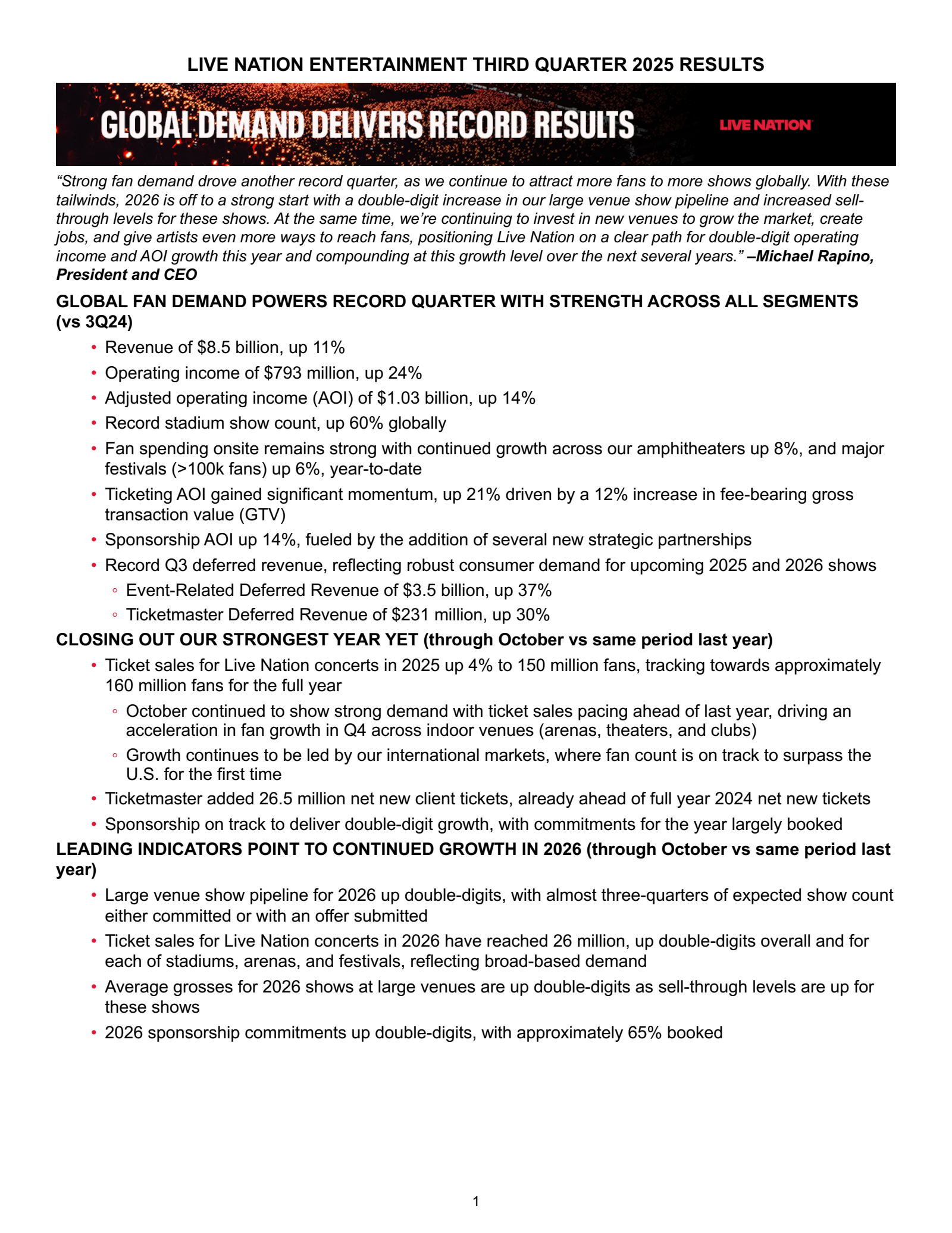 Live Nation Entertainment's Q3 2025 Earnings Release