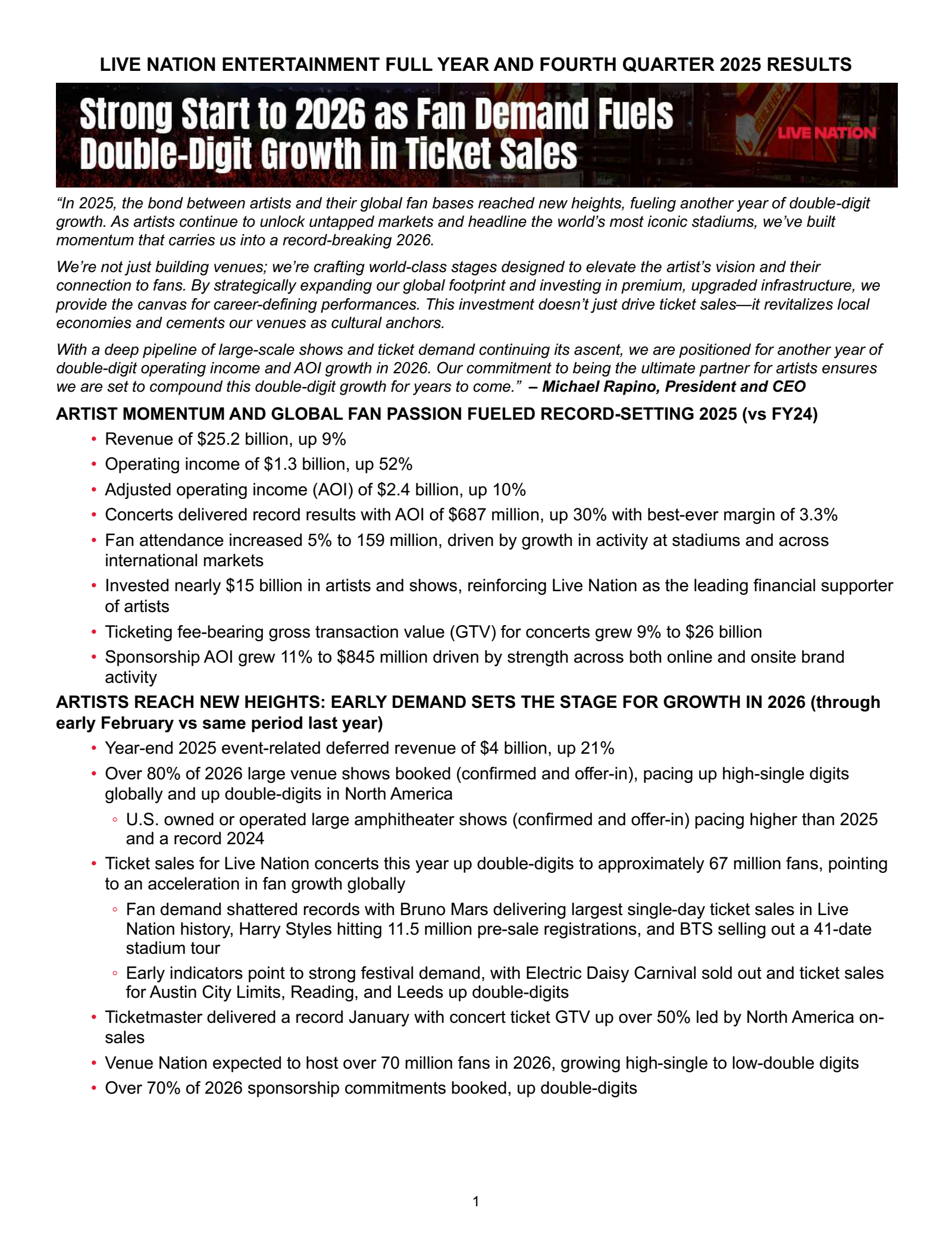 Live Nation Entertainment's Q4 2025 Press Release